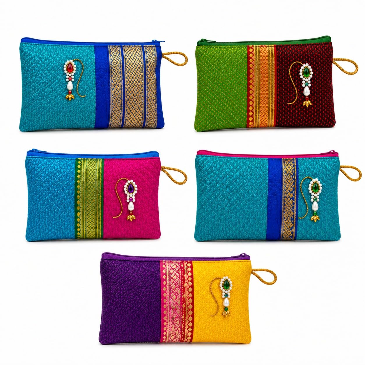 Embellished Indian Ethnic Pouch, Multicolour, Zipped Clutch Bag with Jewel Motif, Set of 5-image-16