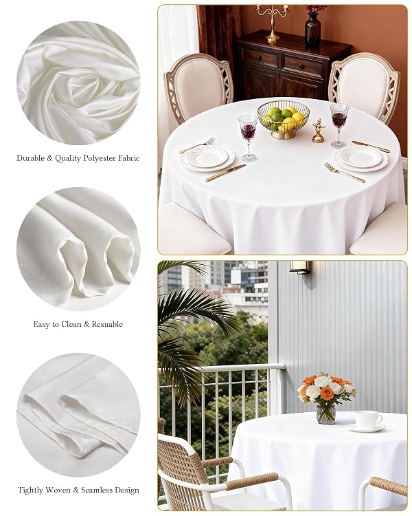 BESTVIP 6 Pack 60 Inch White Washable Round Polyester Fabric Tablecloths| Fits 20"-48" Tables |Decorative Table Cover for Wedding Party Dining Banquet, Events, Holiday, Restaurant by BESTVIP - Used condition - Image 3