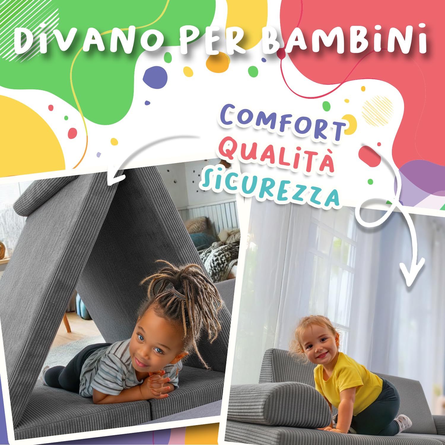 POKAR Divano Modulare per Bambini in Velluto Corduroy | Divano Bambini Trasformabile in Schiuma | Divano da Gioco per Cameretta Bambini | Certificato Oeko-TEX 100 | Laguna Azzurra