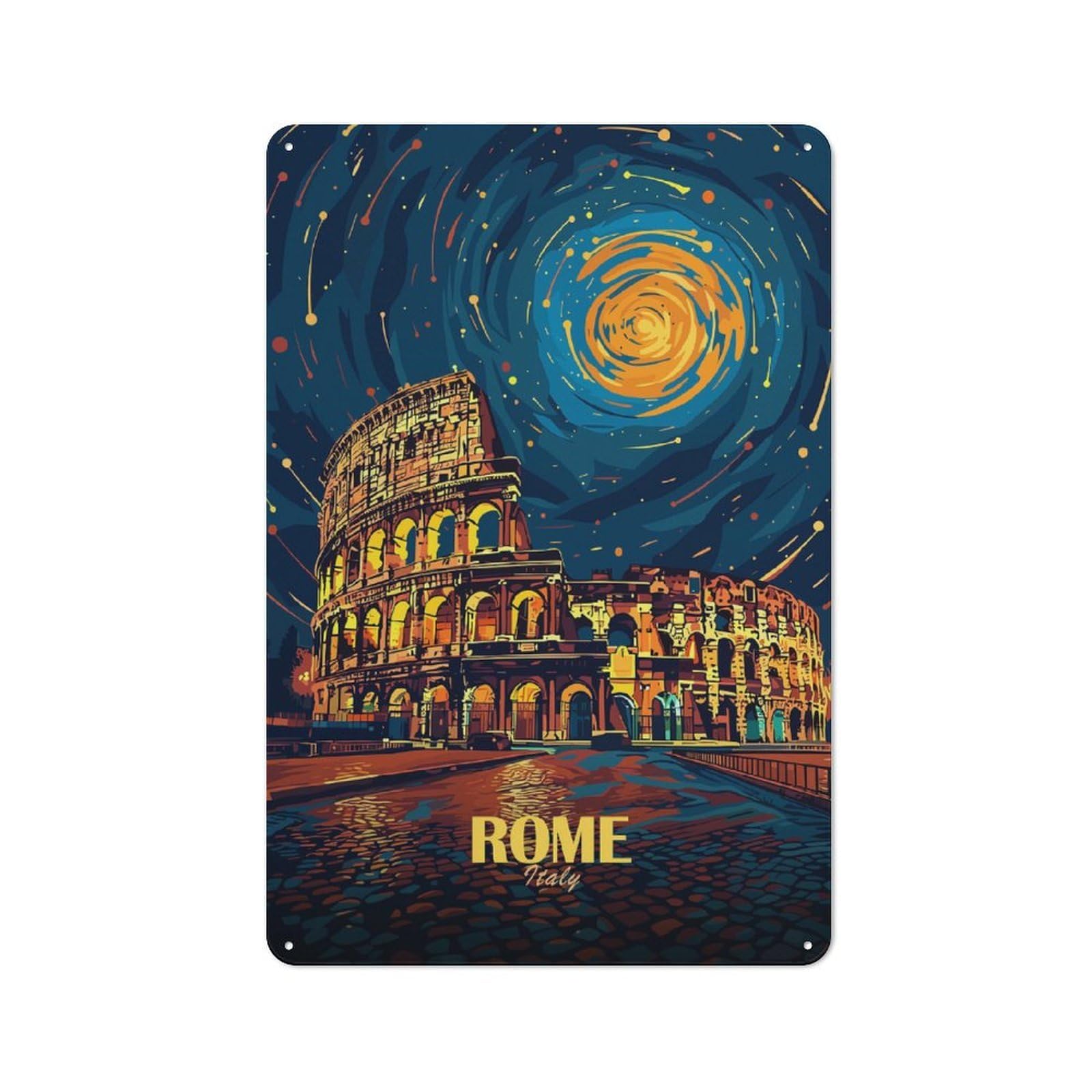 Rome Colosseum Italy Night Art Tin Wall Sign 30x20cm, Loft Style Industrial Wall Decor for Loft, Studio, Office Or Creative Room