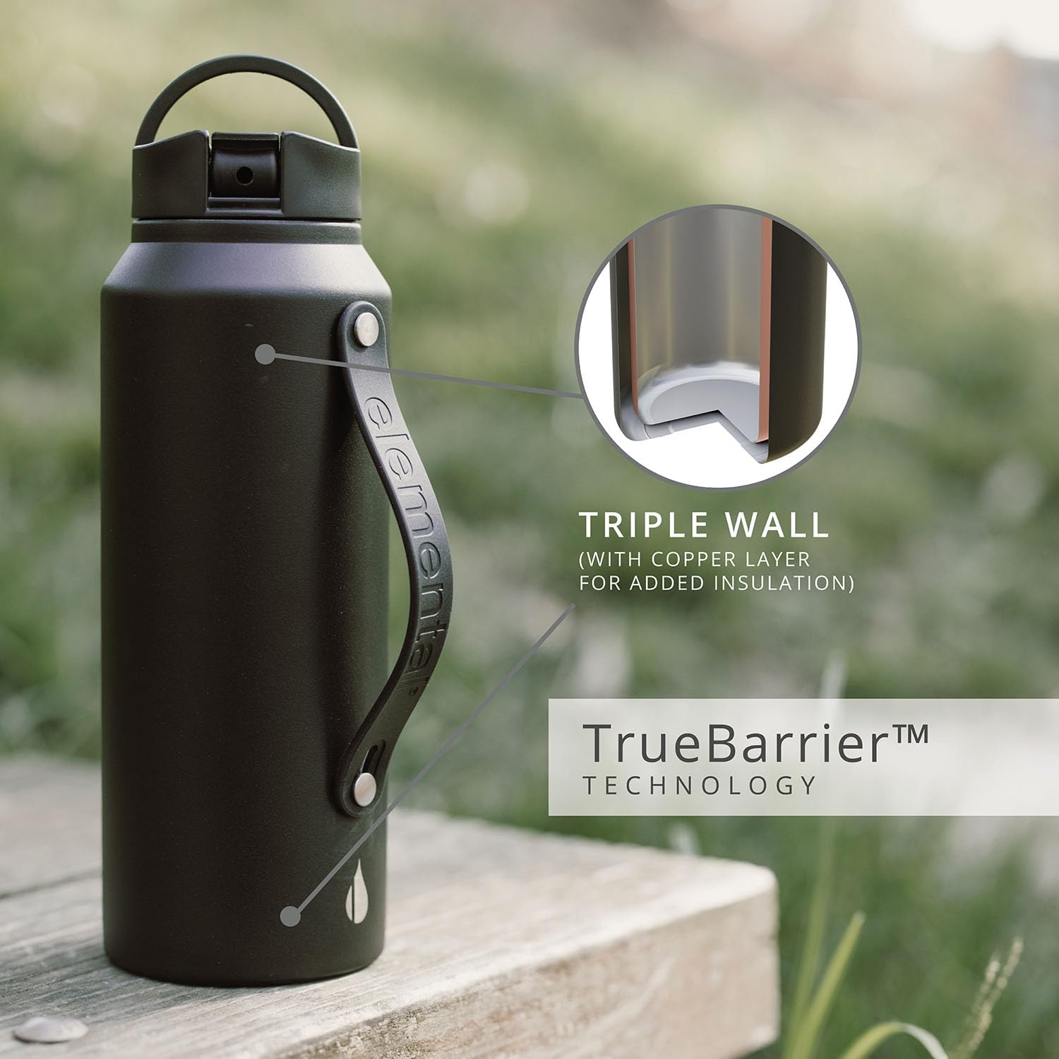 Elemental Iconic Stainless Steel Water Bottle with Straw - 32 oz Leak Proof Triple Wall Insulated Water Bottles for Travel and Sports - Reusable Gym Water Bottle with 2 Straws - Matte Black - Image 2