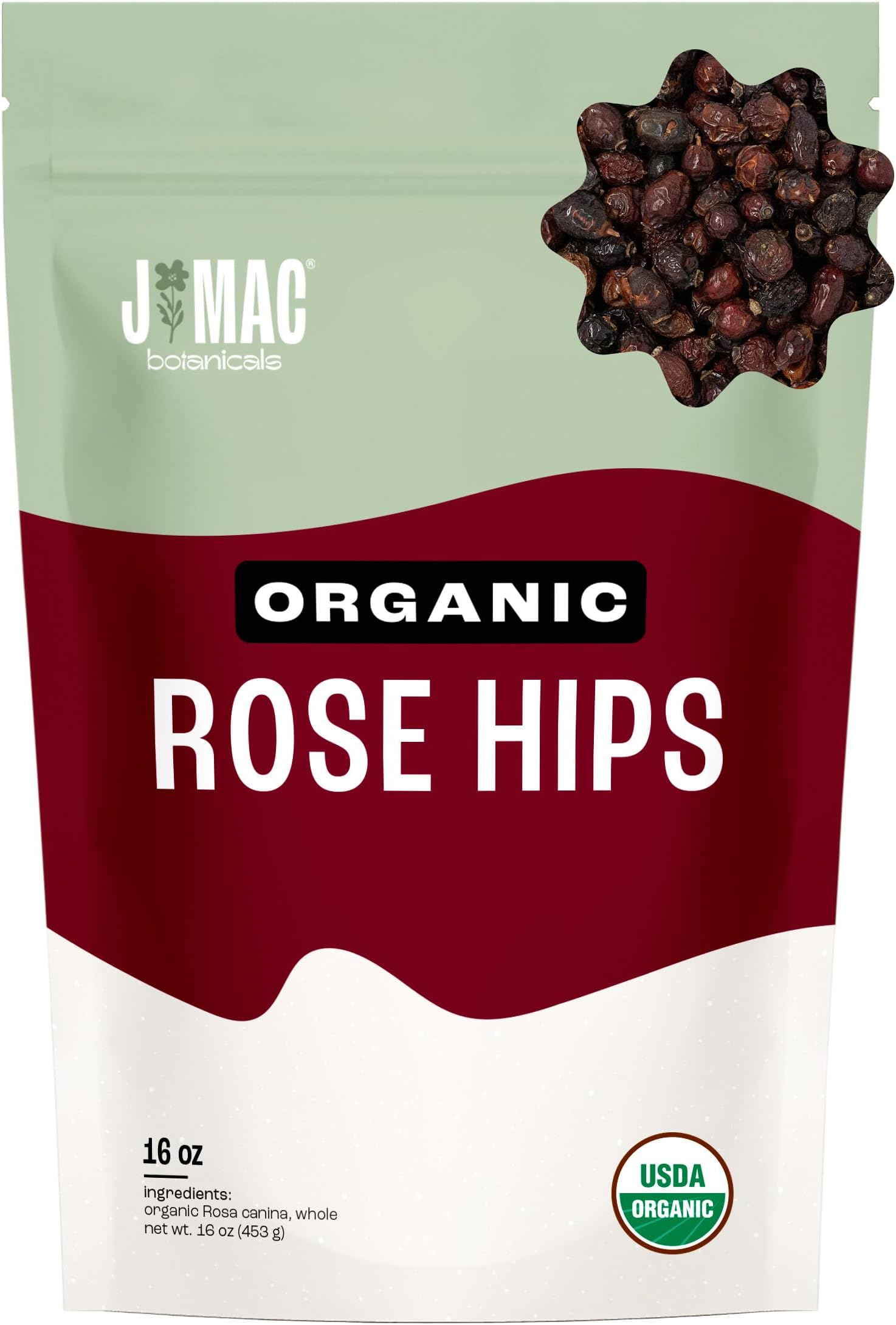 J MAC BOTANICALS Organic Rose Hips (1 lb Bag) Whole, natural dried rose hips for herbal tea, rosehips, rosehip tea, packaged in the USA