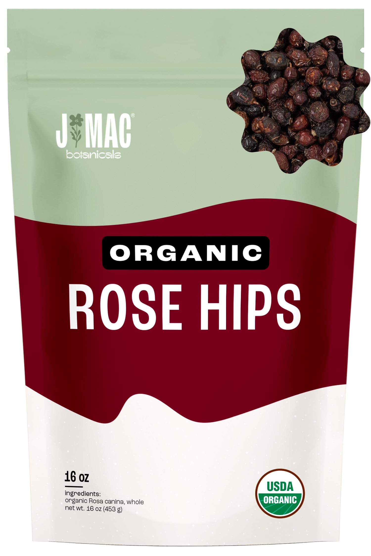 J MAC BOTANICALS Organic Rose Hips (1 lb Bag) Whole, natural dried rose hips for herbal tea, rosehips, rosehip tea, packaged in the USA