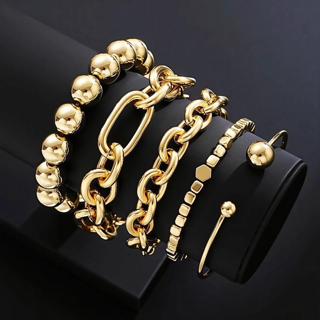 Chunky Gold Bangle Bracelets for Women Stackable Beaded Bangle Bracelet Set Cuban Link Chains Bracelet Dainty Gold Bangle Cuff Bracelets Fashion Jewelry Gifts for Women - Image 5