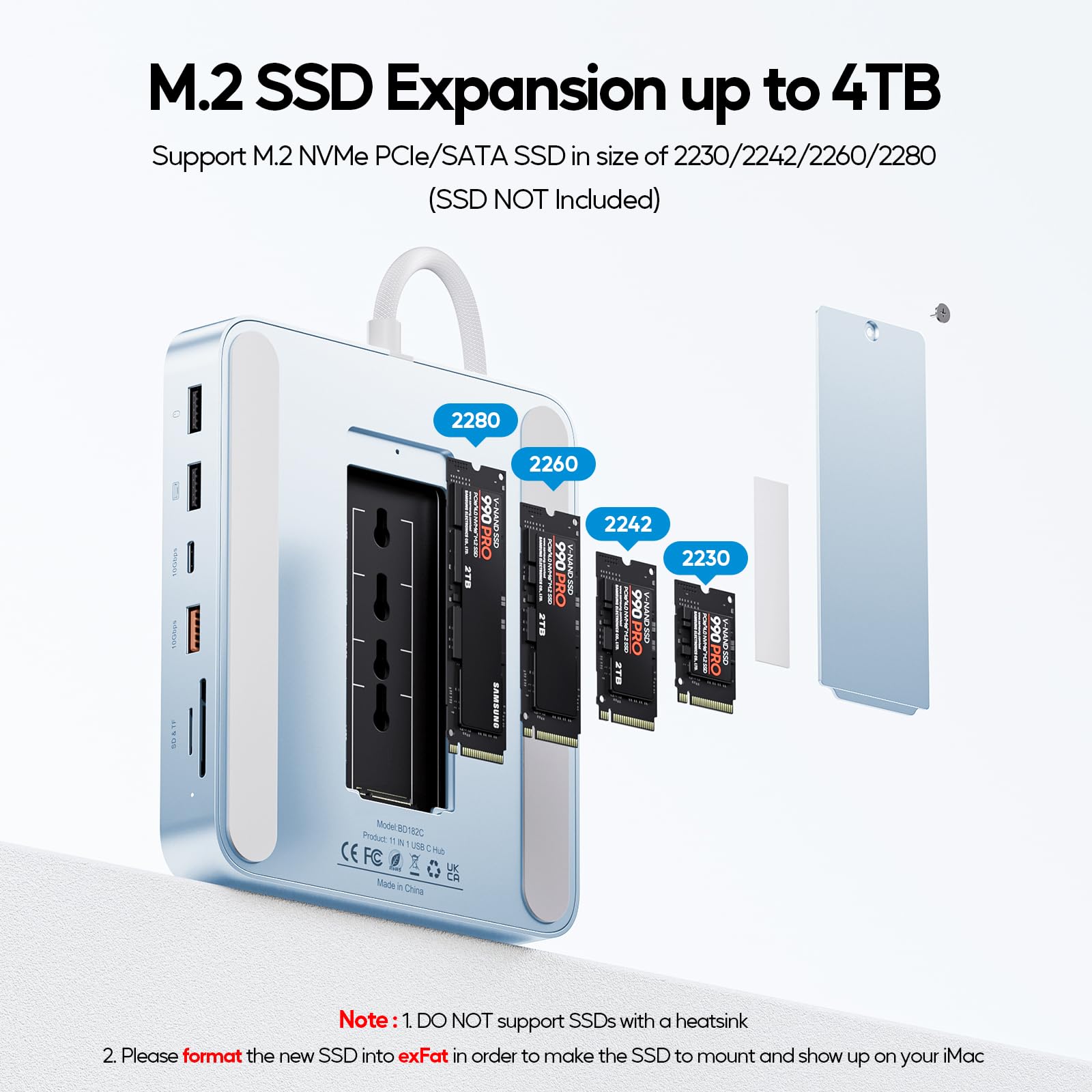 Hub USB-C 11 en 1 pour iMac 24" M1/M3/M4 avec boîtier SSD M.2 NVMe 4 to | PULWTOP iMac Hub pour iMac 24" 2021-2024 avec HDMI 4K@60Hz, 2,5 GbE, USB A/C 3.2 10 Gbit/s, SD/TF, Audio - Bleu