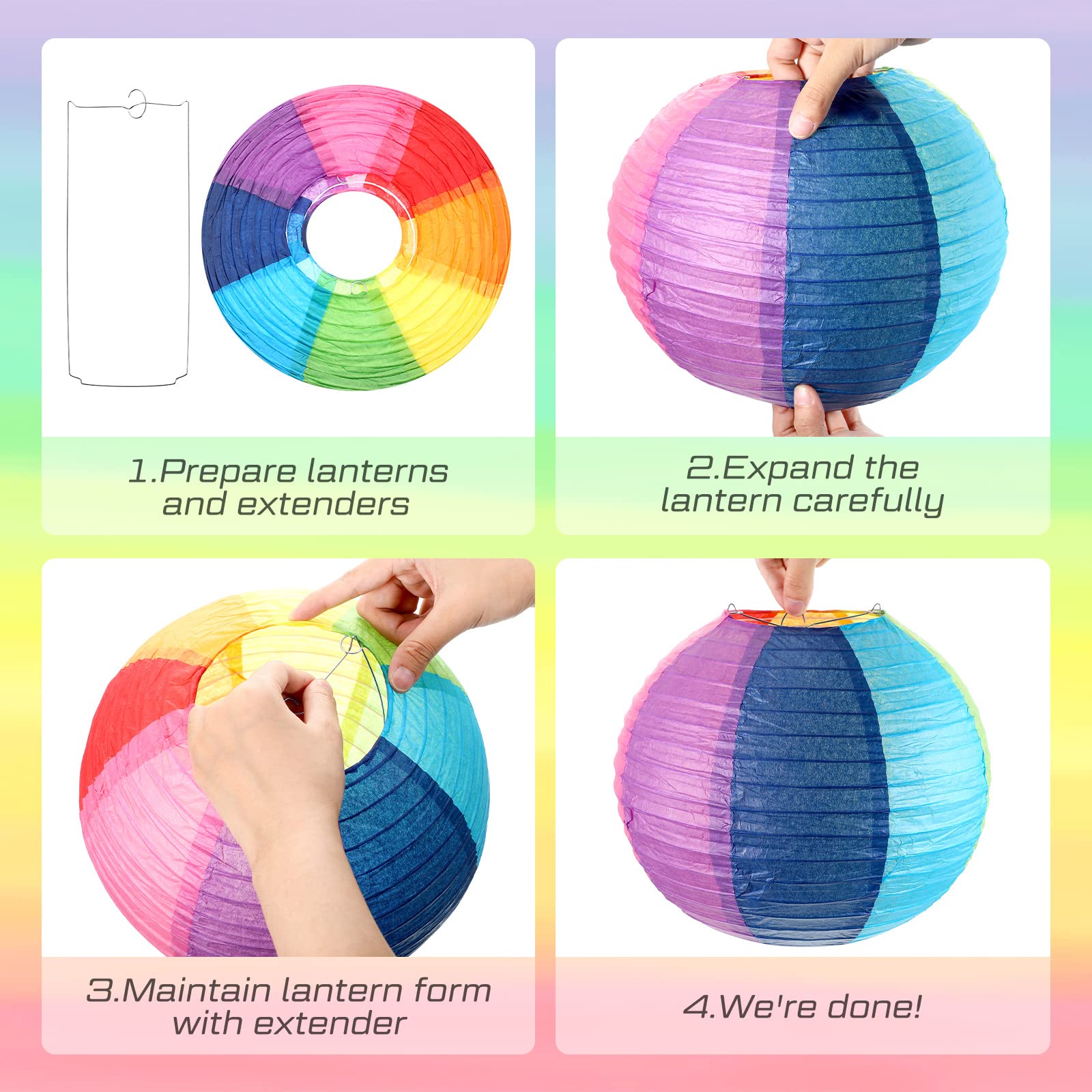 Treela Rainbow Paper Lanterns - 16 Pack 9.8 Inch Colorful Hanging Decor For Parties, Indoor Outdoor Decoration