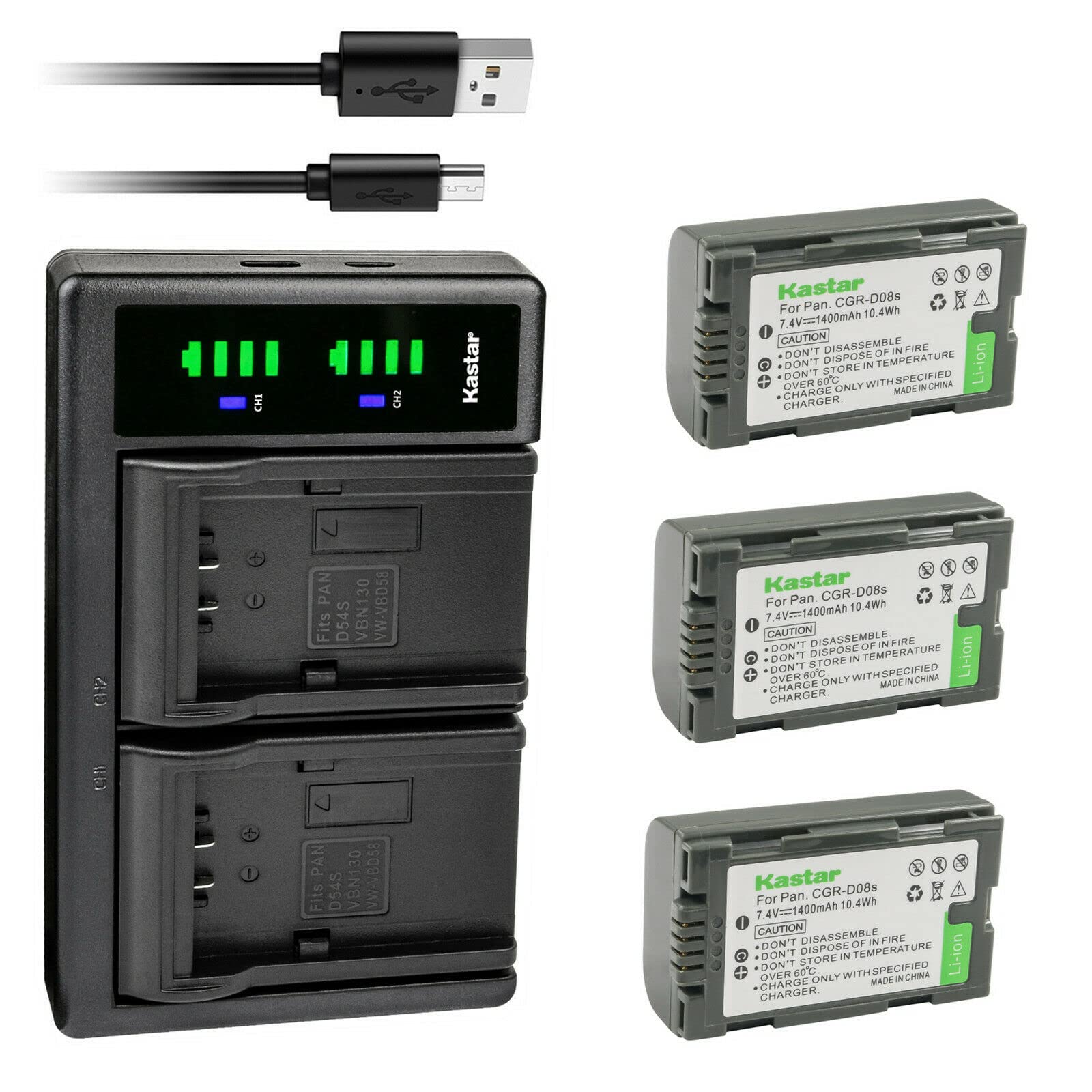 Kastar 3-Pack CGR-D08S Battery and LTD2 USB Charger Compatible with Panasonic CGR-D08 CGR-D16 CGR-D28 Battery, DE-A20 DE-A88C VSK0581 AG-B23P Charger,