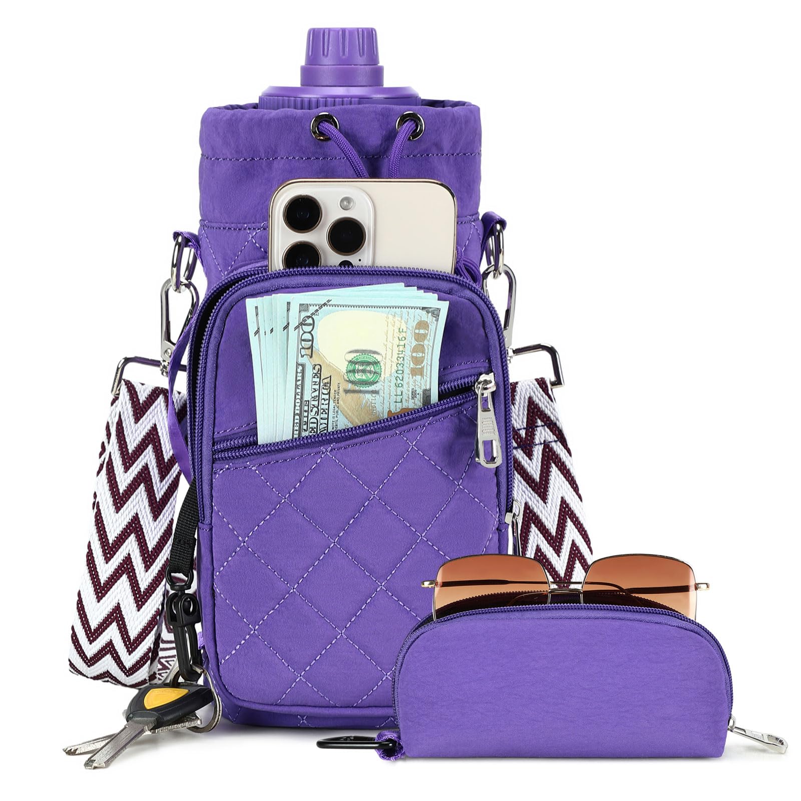 AGLOD Water Bottle Carrier Bag with Strap, Water Bottle Holder Crossbody Bags for Women Men for Walking, Hiking,Cycling, Purple, M(32oz-40oz), Crossbody