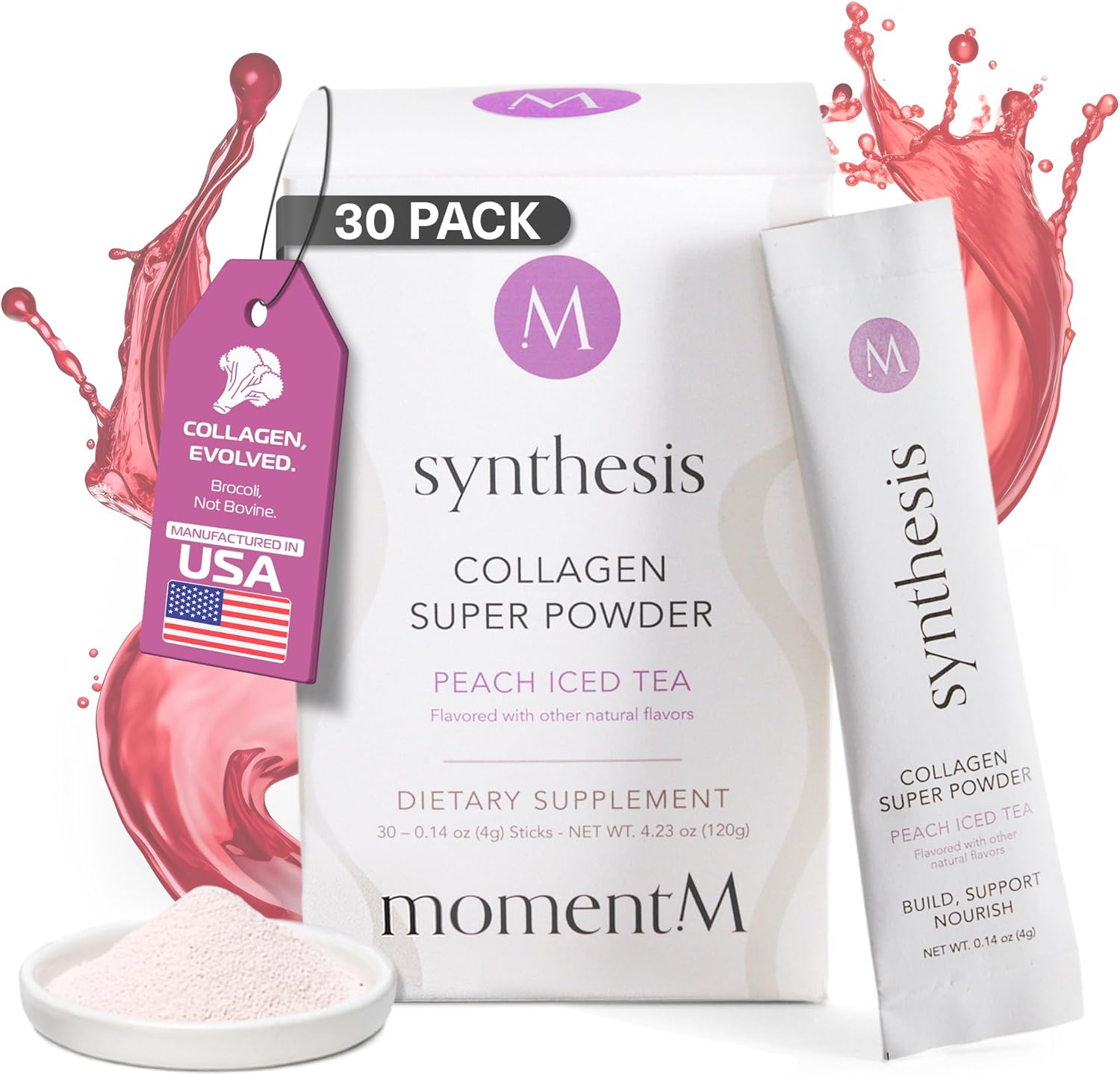 momentM Synthesis Plant Based Collagen for Women & Men - Peptides Powder for Hair, Skin, Nails and Joints - Vegan Hydrolyzed Collagen Peptides Powder with VEGCOL® - Peach Iced Tea (30 Stick Packs)