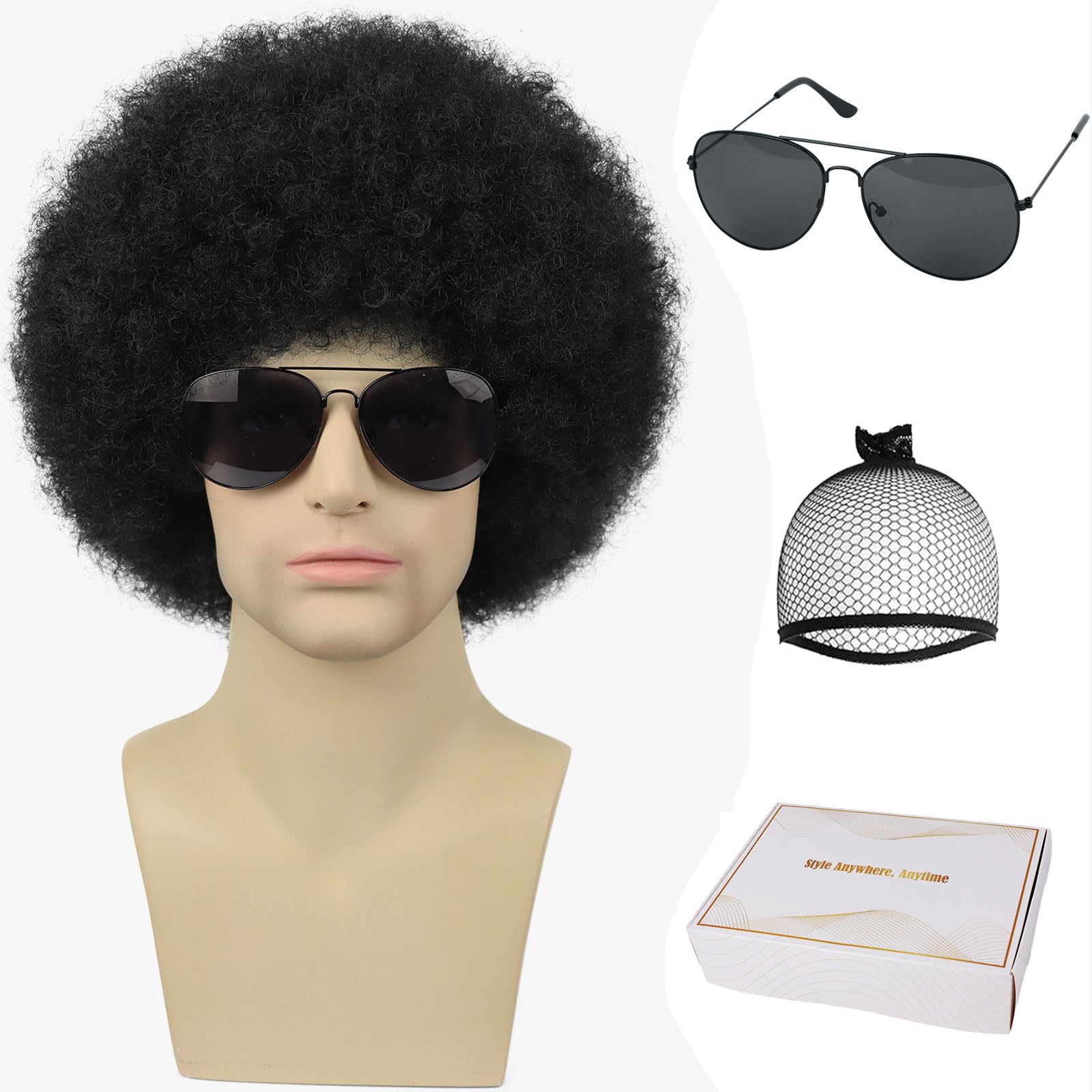 Tereshar 70s Afro Wigs for Men and Women Glueless Wear and Go Wig Fluffy Short Black Afro Curly Heat Resistant Synthetic Wigs for Hippie Disco Rock