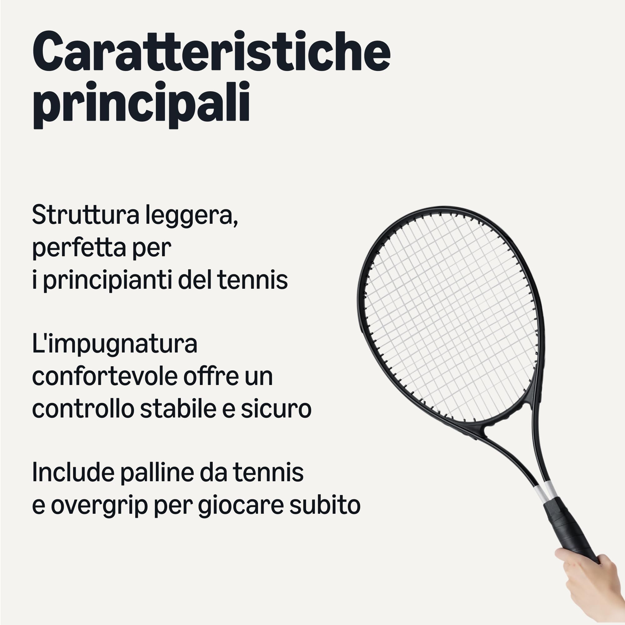 Amazon Basics Set racchette da tennis 68,5 cm 3 palline 2 overgrip Nero