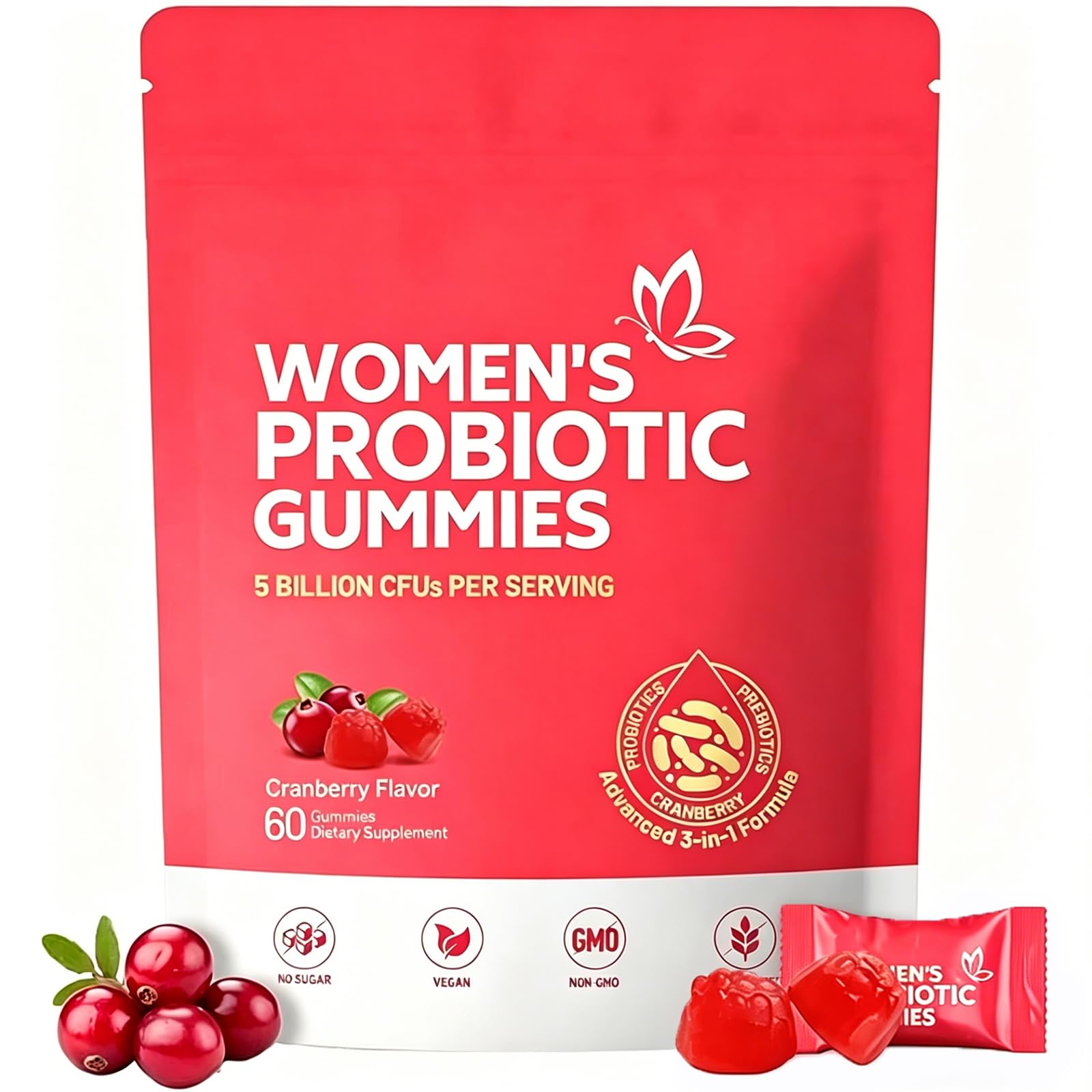 Gominolas Probióticas para Mujeres - 60 Unidades | Soporte Íntimo con Prebióticos y Arándano Rojo | Promueve Equilibrio de pH, Equilibrio de Levaduras y Salud Inmunológica | Refresca el Olor Íntimo