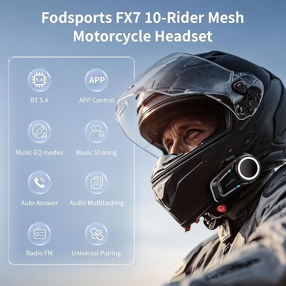 Fodsports FX7 10-Rider Mesh Motorcycle Bluetooth Intercom with Music Share, Smart APP, Dual Chips BT5.4 Helmet Communication System Headset, Auto Call/Audio Multitasking/FM/EQ Modes, IP67, 2 Pack