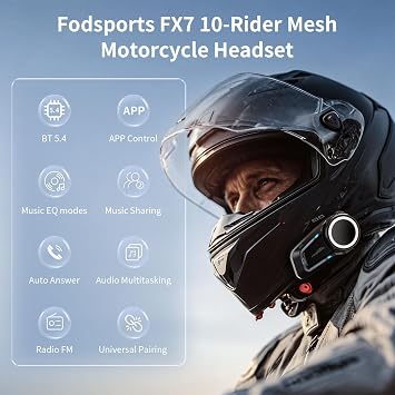 Fodsports FX7 10-Rider Mesh Motorcycle Bluetooth Intercom with Music Share, Smart APP, Dual Chips BT5.4 Helmet Communication System Headset, Auto Call/Audio Multitasking/FM/EQ Modes, IP67, 2 Pack