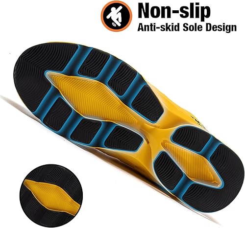 Miniatura 4 de Kezhiho Tenis de trabajo con punta de acero para hombre y mujer, amarillos, ligeros, transpirables, antideslizantes, construcción indestructible,