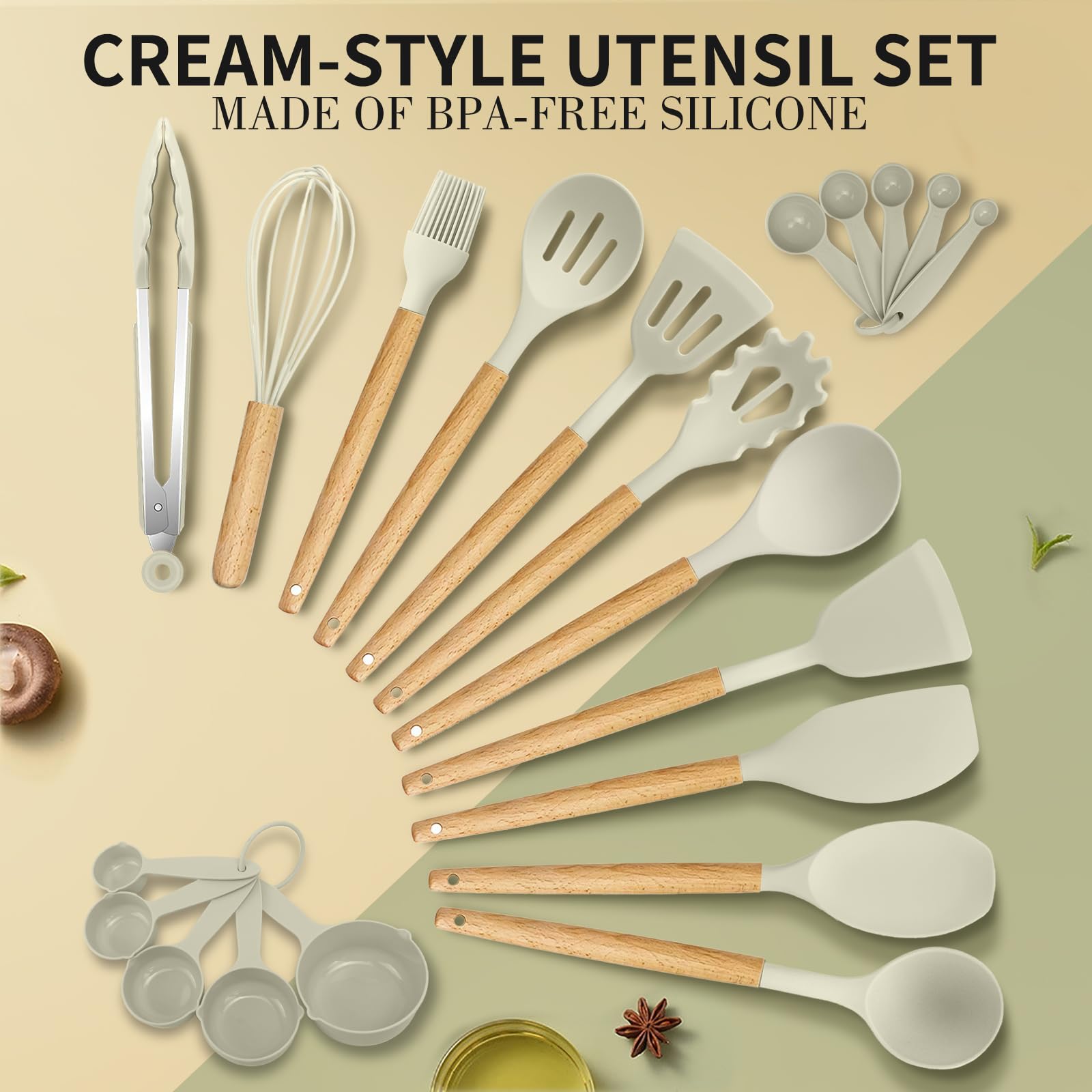 Utensilios de Cocina de Silicona 22 Piezas, set di utensili da cucina per pentole antiaderenti, al Calor y Antiadherentes con Mango de Madera para Utensilios sin BPA (Caqui)