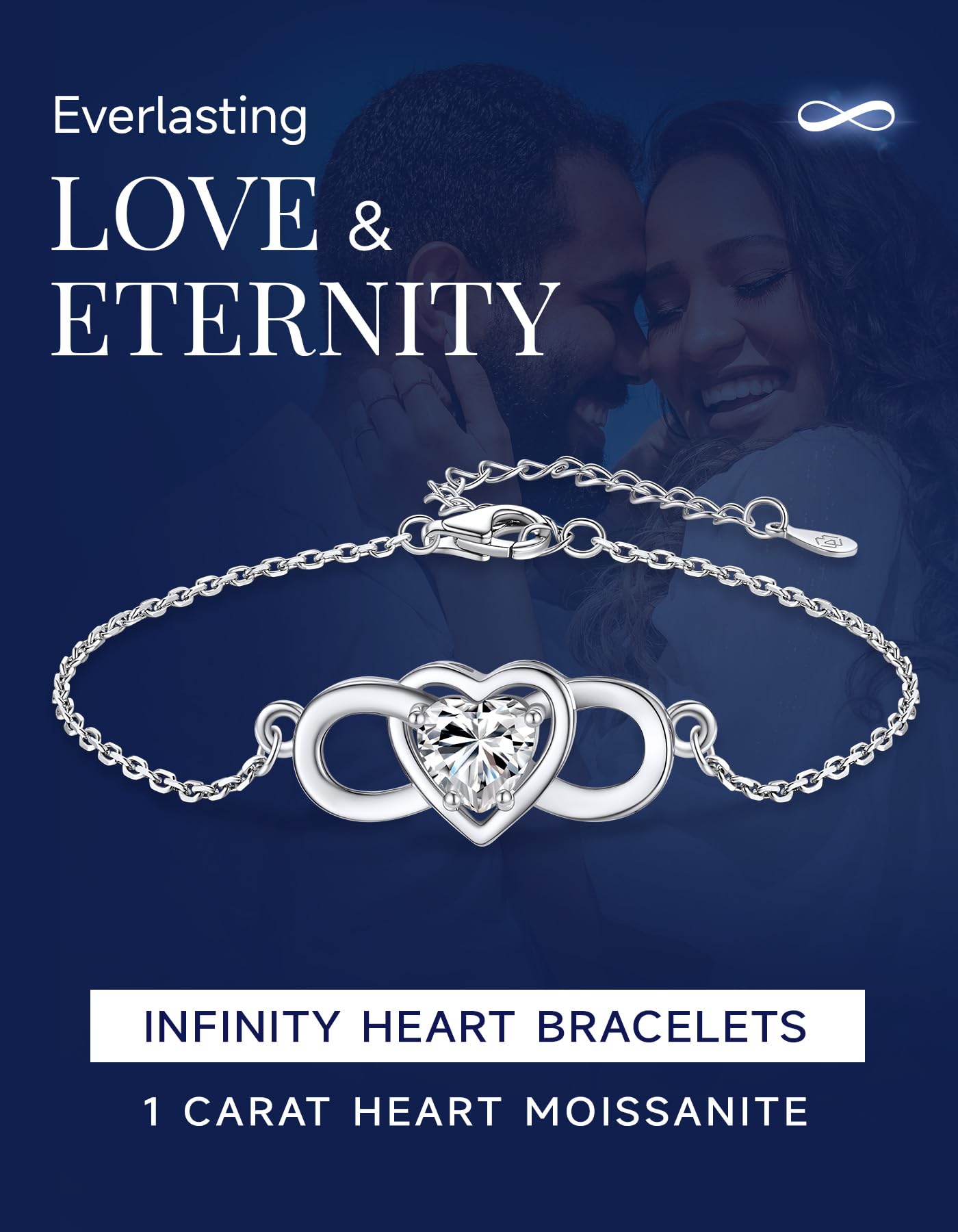 MomentWish Armband Damen Unendlichkeitszeichen, 1 Karat Moissanite Infinity Armband Silber 925 Frauen Liebe Herz Armkette Allergiefrei Valentinstag Geburtstag Geschenk für Freundin Mädchen