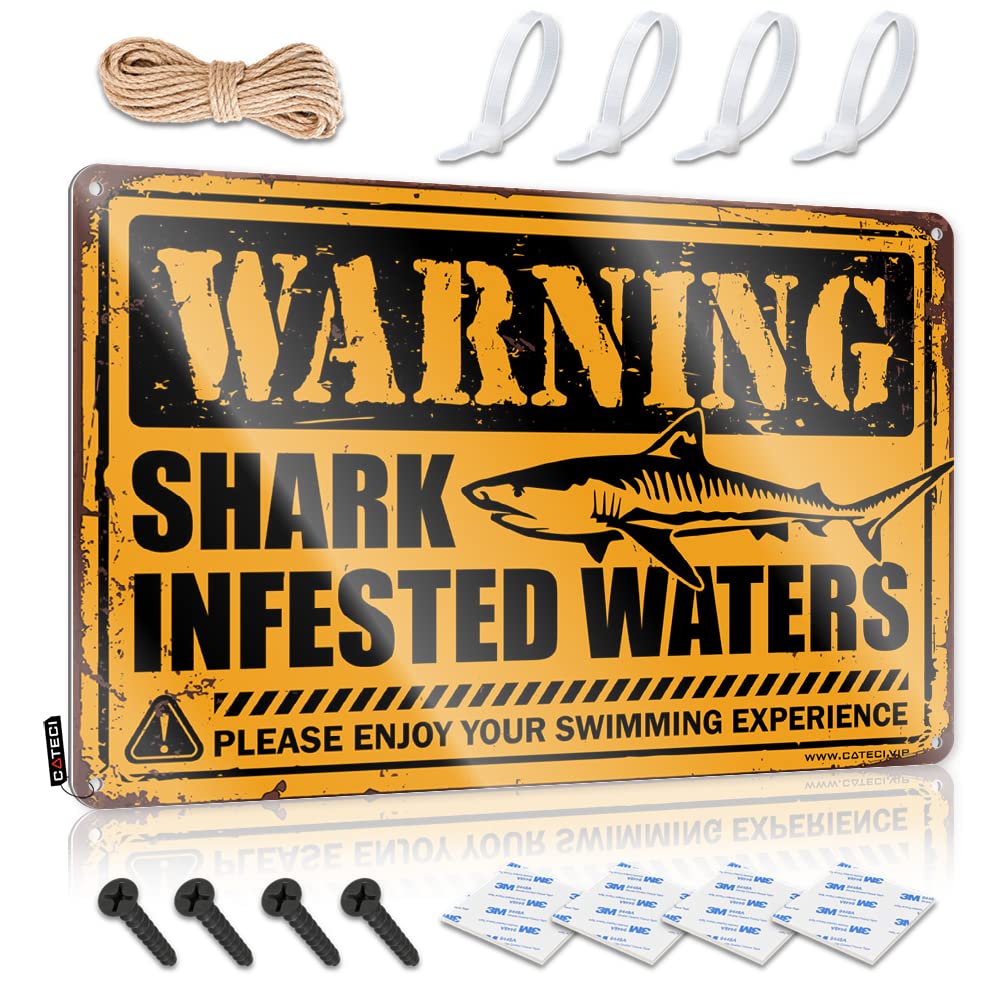 Qgdc Men's Colour Dark Cottagecore Decor Tinplate Sign Cute Cartoon Alien Animal Wall Metal Tin : Funny Humorous Welcome Western Home Living Room | Dionysas Shark Infested Waters(20X30cm)