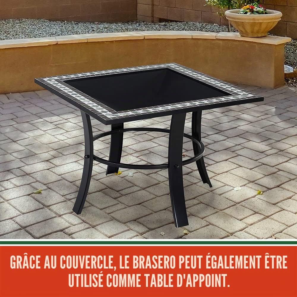 Brasero carré Runedak 76 cm Acier laqué Pierres mosaïque Accessoires Couvercle Jardin terrasse feu Bois Charbon briquette Barbecue