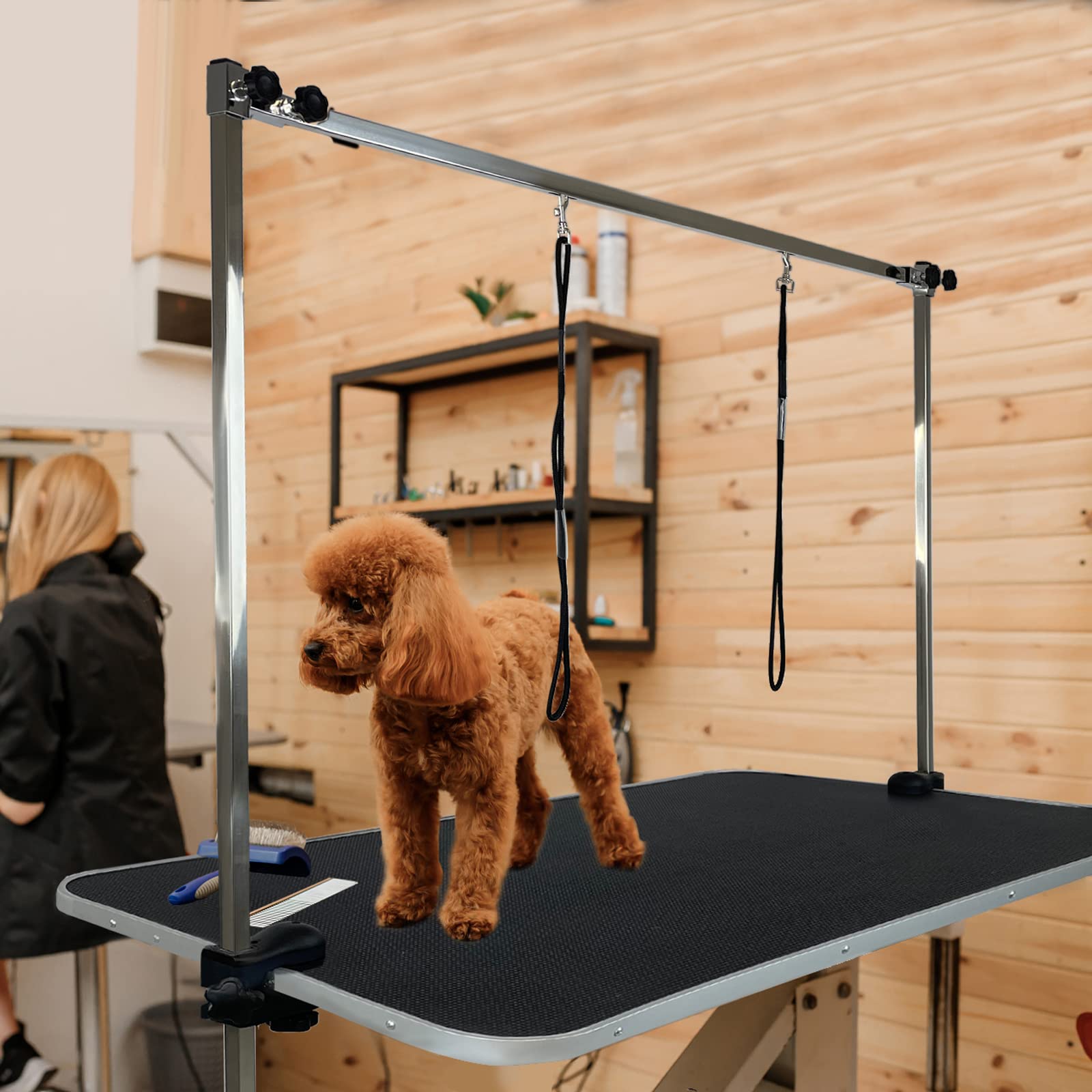 HENGMEI Mesa de Recorte Para Perros, Mesa de Peluquería Canina para Mascotas, Mesa de Recorte Con Brazo de Altura Ajustable, 2 Lazo y Superficie de Goma Resistente a Los Arañazos, 113x60x76cm