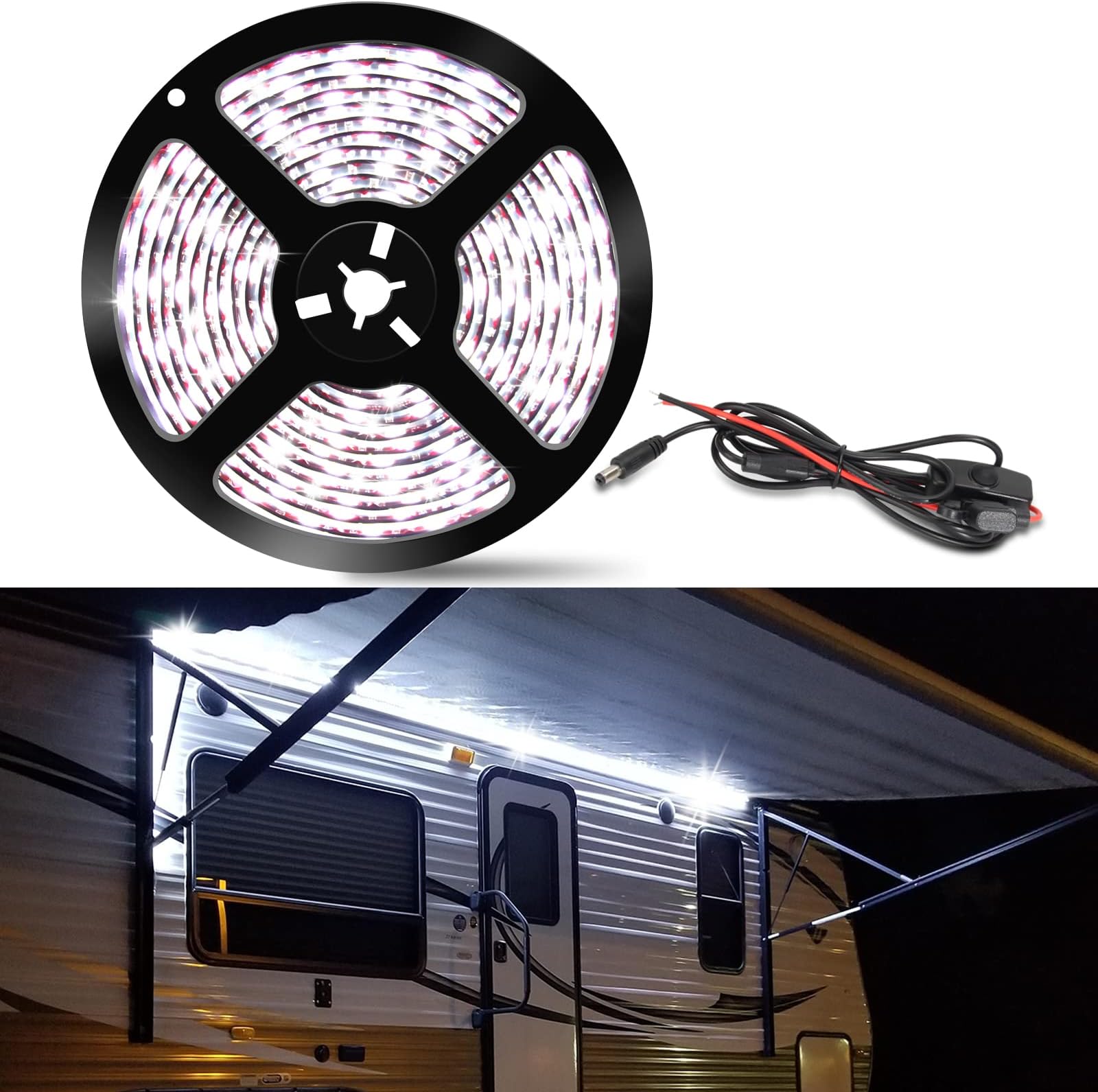 I LITTON RV Awning Light LED Porch Light with Switch Bottom Outdoor Lighting White LED Light Exterior RV White Light Strip 16.4Ft Awning Light for RV Camper Marine Truck Boat (16.4FT,White Light)