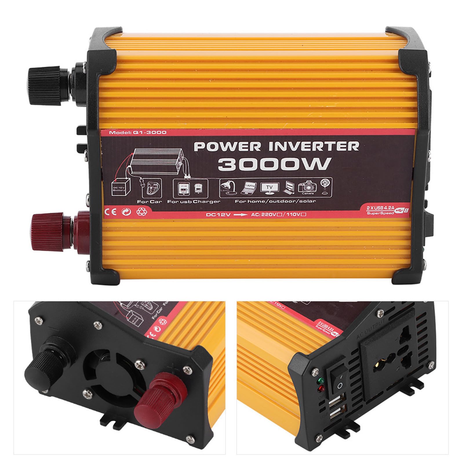 Convertidor de corriente de 3000 W, convertidor automático de CA modificado, adaptador de coche sinusoidal con doble puerto USB, salida de carga rápida (12 V a 110 V)