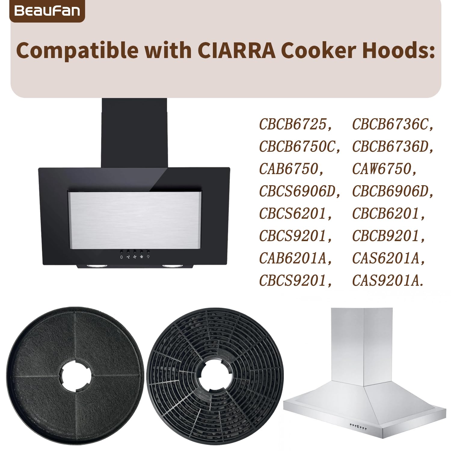 Lot de 4 filtres à charbon actif CBCF002 Compatibles avec CIARRA CBCS6201, CBCB6201, CBCB6736C, CBCS6906D, CBCB6906D, CBCS9201, CBCB9201