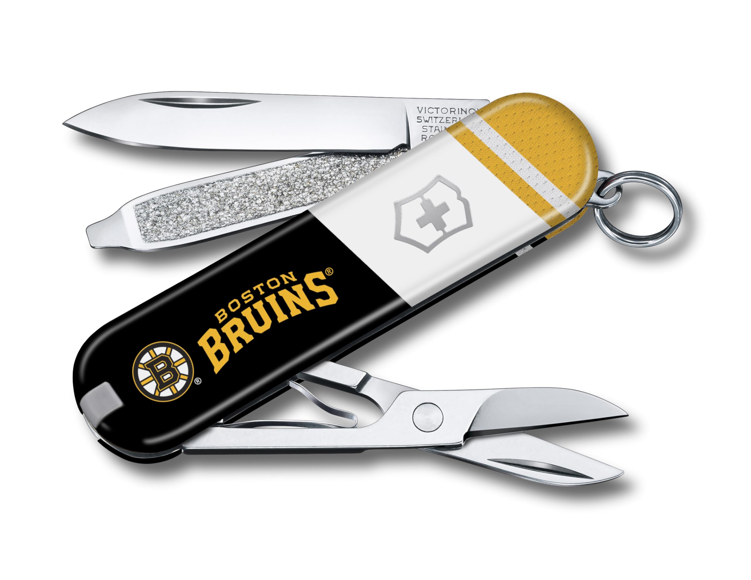 Victorinox Classic SD Swiss Army Knife – Compact 7 Function Swiss Made Pocket Knife with Small Blade, Screwdriver and Key Ring – Boston Bruins