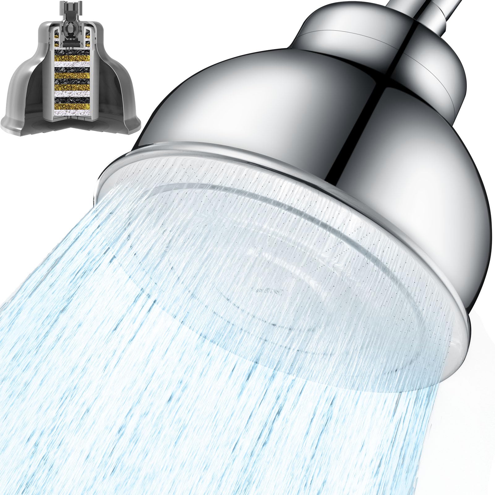 Cabezal de ducha con filtro de lluvia, alcachofa de ducha de alta salida con sistema de filtro de agua para eliminar cloro y sustancias nocivas, cromo, acero inoxidable