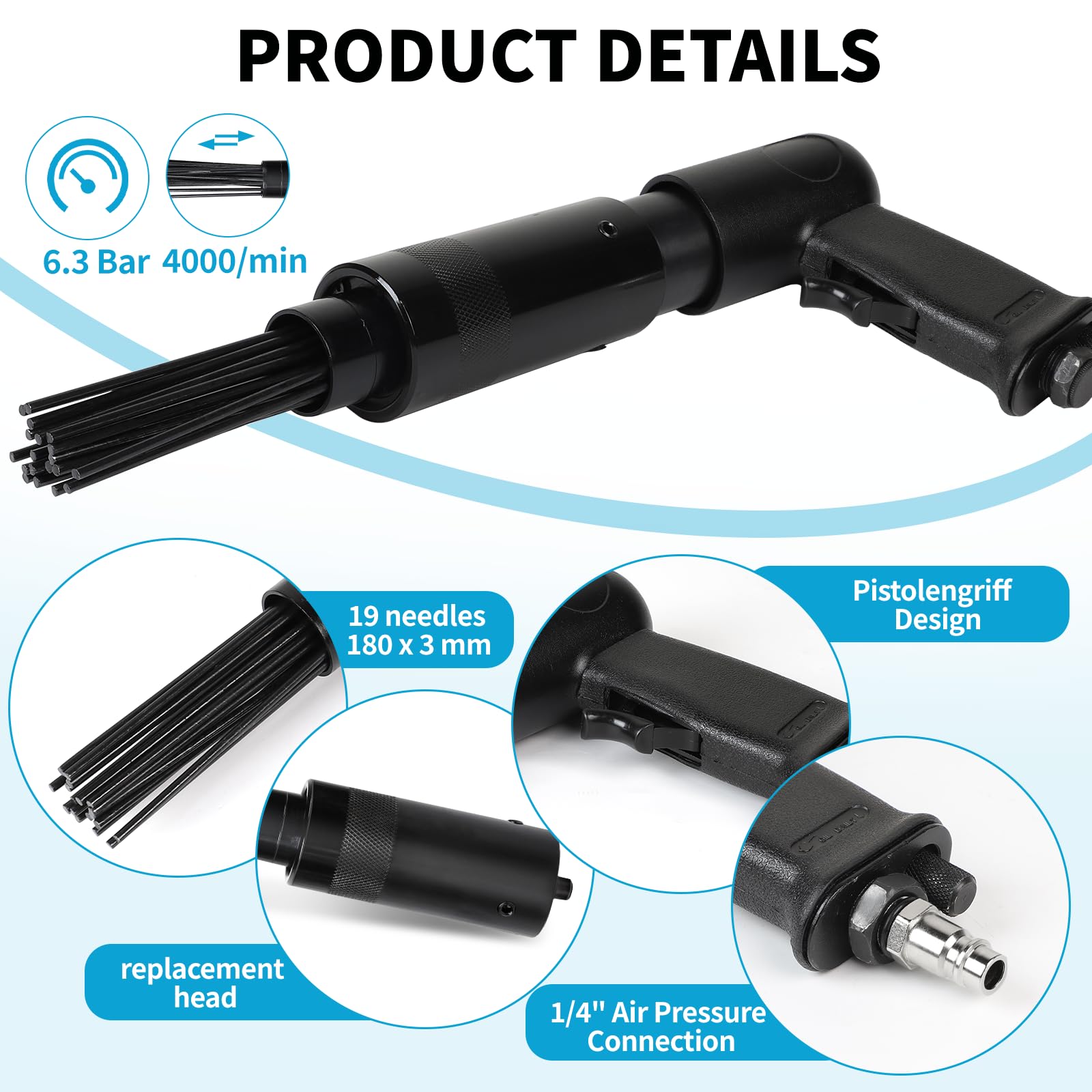 SWAWIS Limpiador de Óxido con Agujas Aire Comprimido 3000 rev/min con 19 Agujas Ø 3mm Herramienta de Desoxidación con Cubierta del Mango Negro