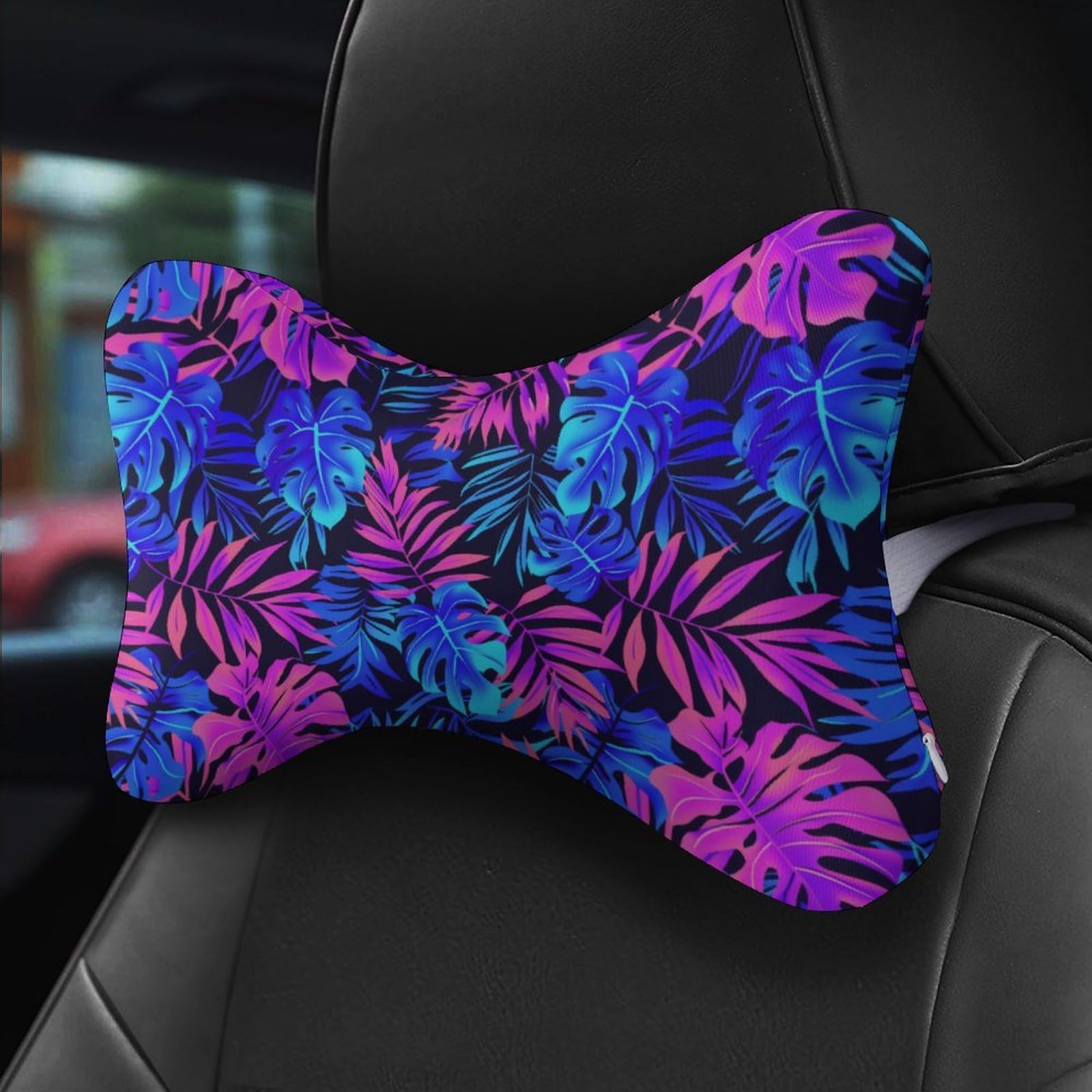 Tropical Hawaii Neon Palm Leav Car Neck Pillow Set of 2 Car Seat Head Support Cushion Bone Pillows with Elastic Strap