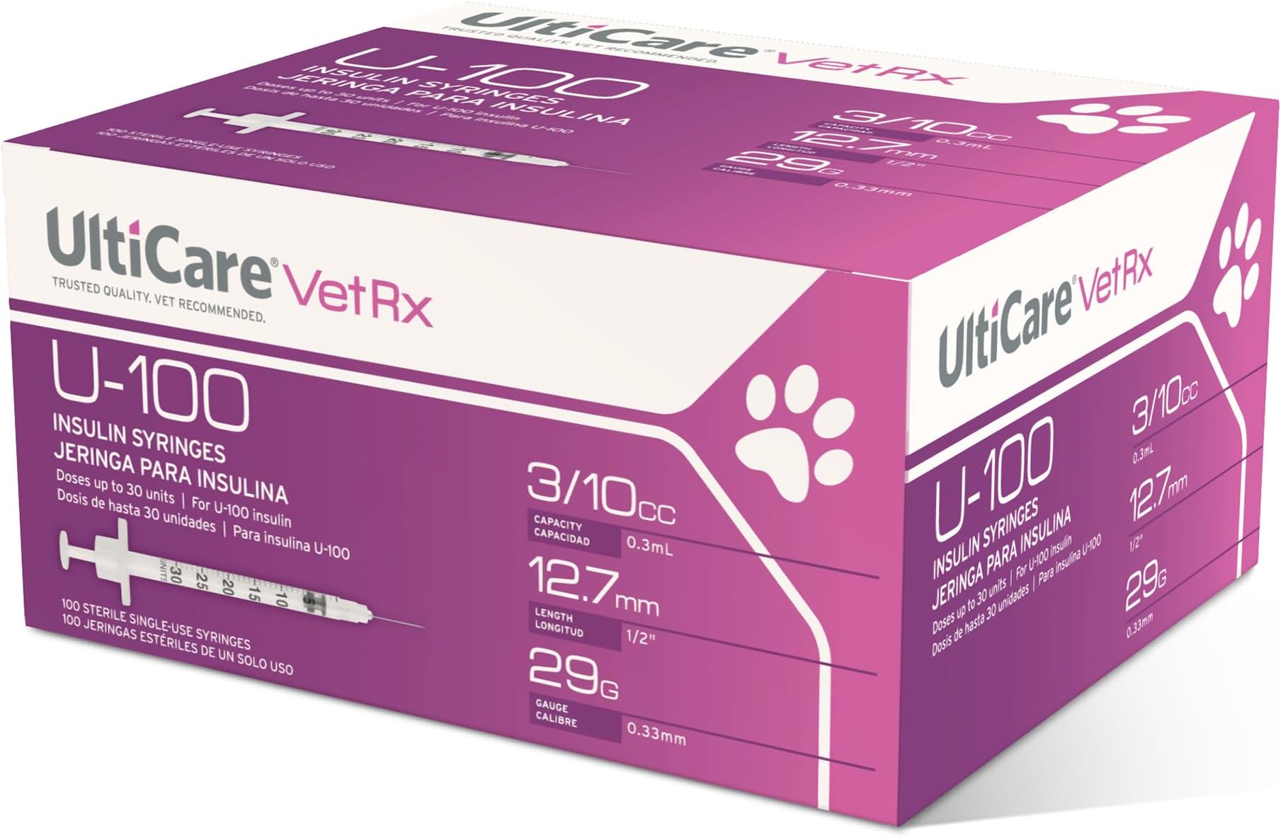 UltiCare VetRx U-100 Pet Insulin Syringes, Comfortable and Accurate Dosing of Insulin for Pets, Compatible with Any U-100 Strength Insulin, Size: 3/10cc, 29G x 1/2โโ, 100 ct Box