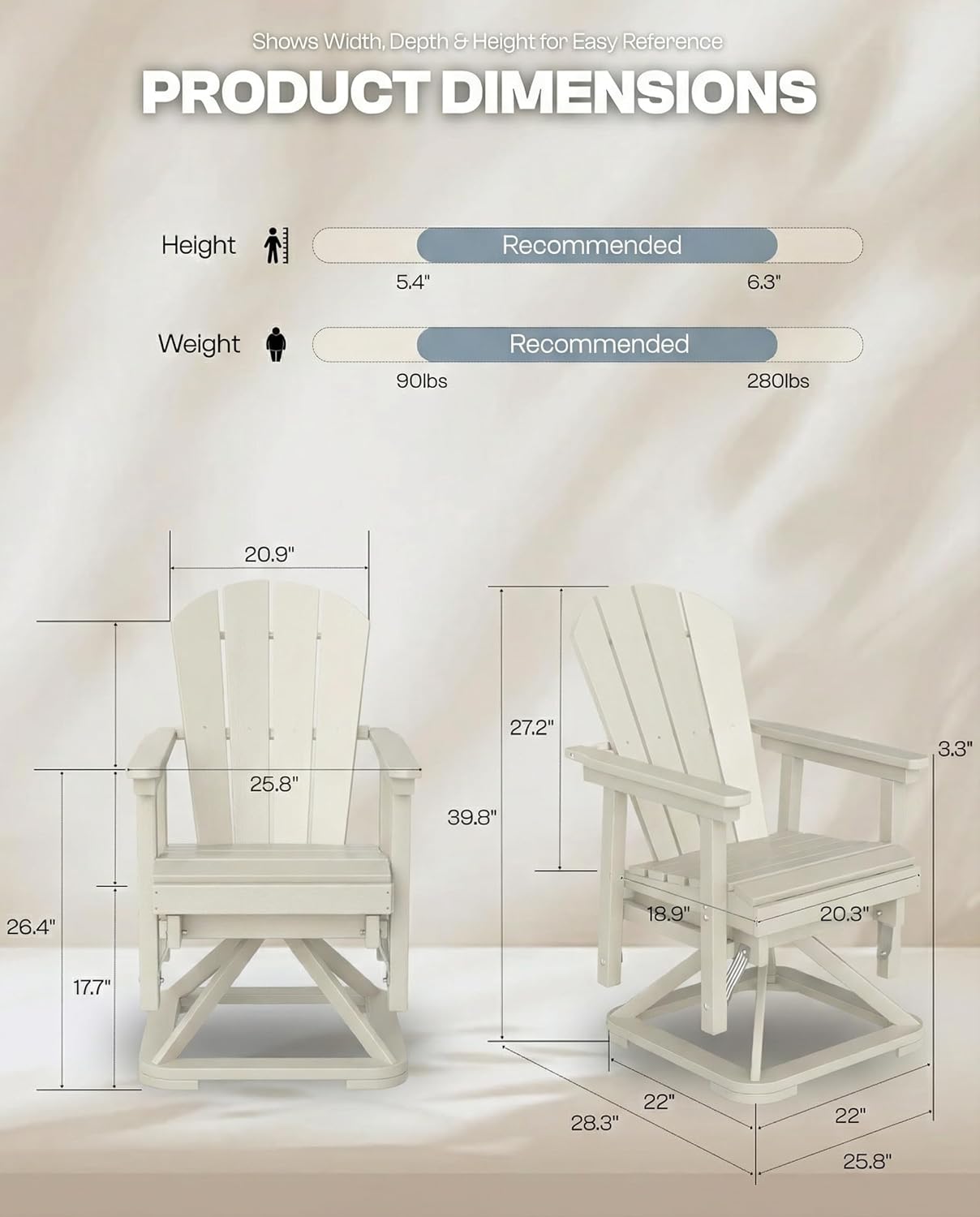 HDPE Swivel Glider Chair Outdoor, Weather Resistant Adirondack Outside Rocking Chair, Wooden Textured Outdoor Swivel Chair Set of 2 for Porch, Balcony, Poolside, Backyard (White)