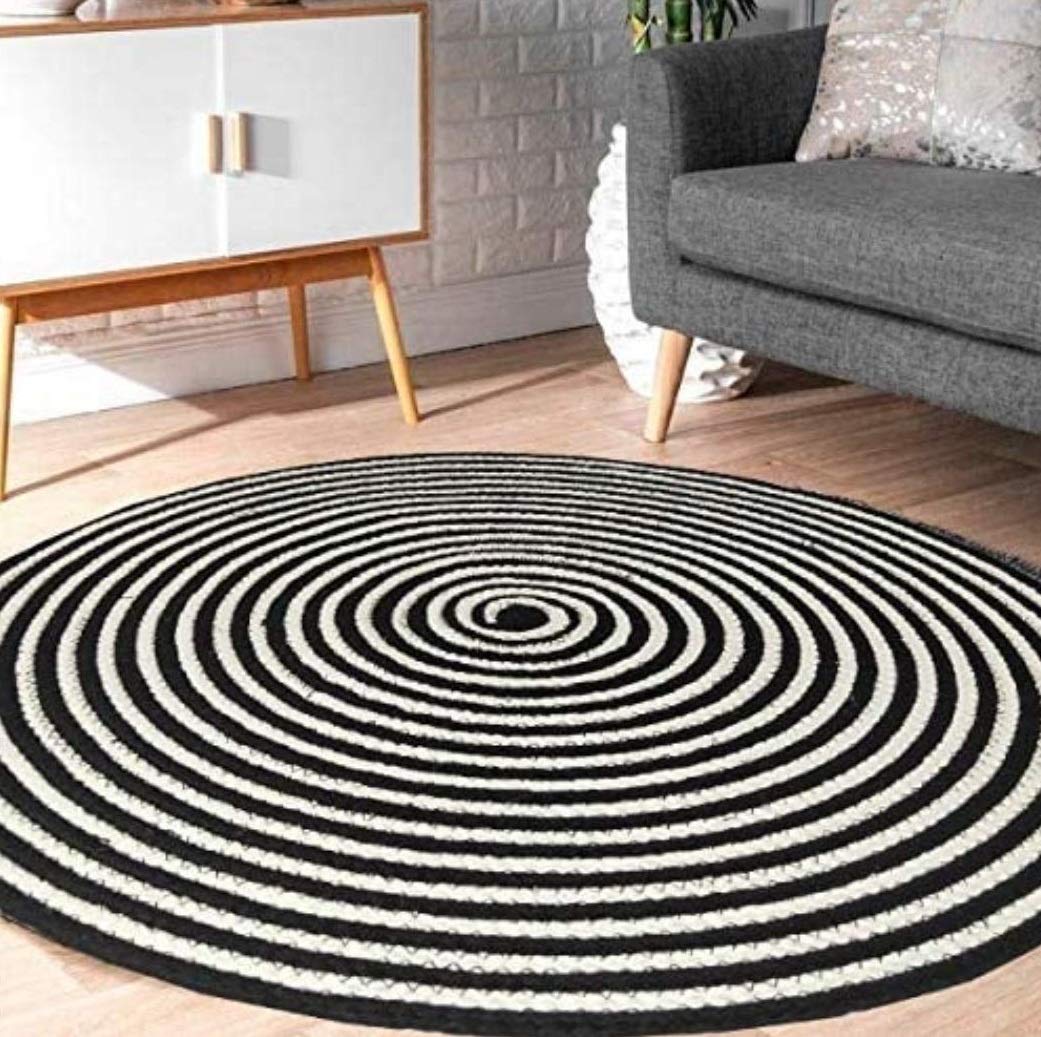 V.V.S. Enterprises Natural Jute & Black and White Cotton Rug, Reversible, Fabric Rags for Living Room, Bedroom, Kitchen, entryways (150 cm)