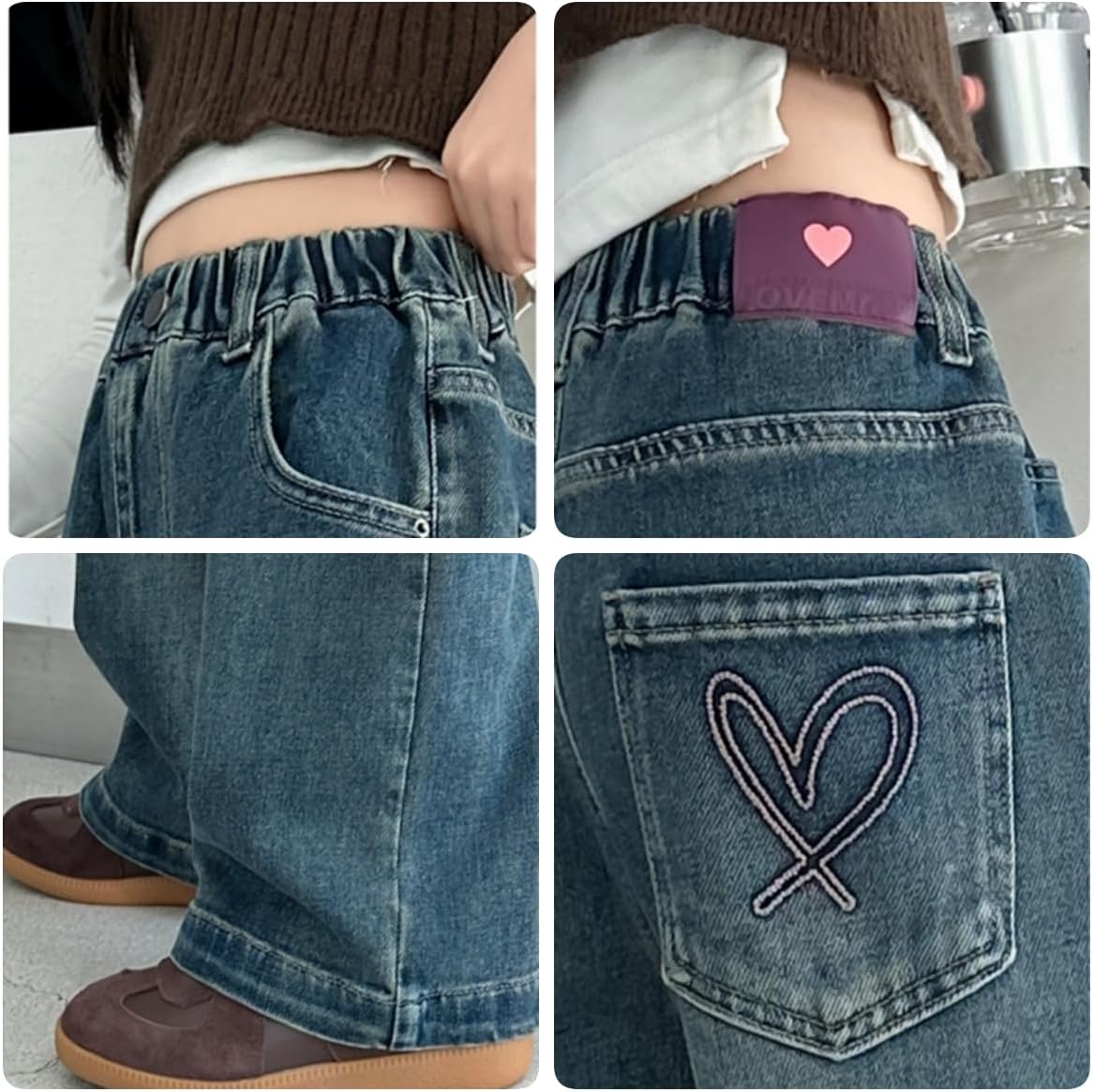 Kids Girls Jeans Washed Elastic Waist Baggy Wide Leg Jeans Size 4-14 Years - Image 5