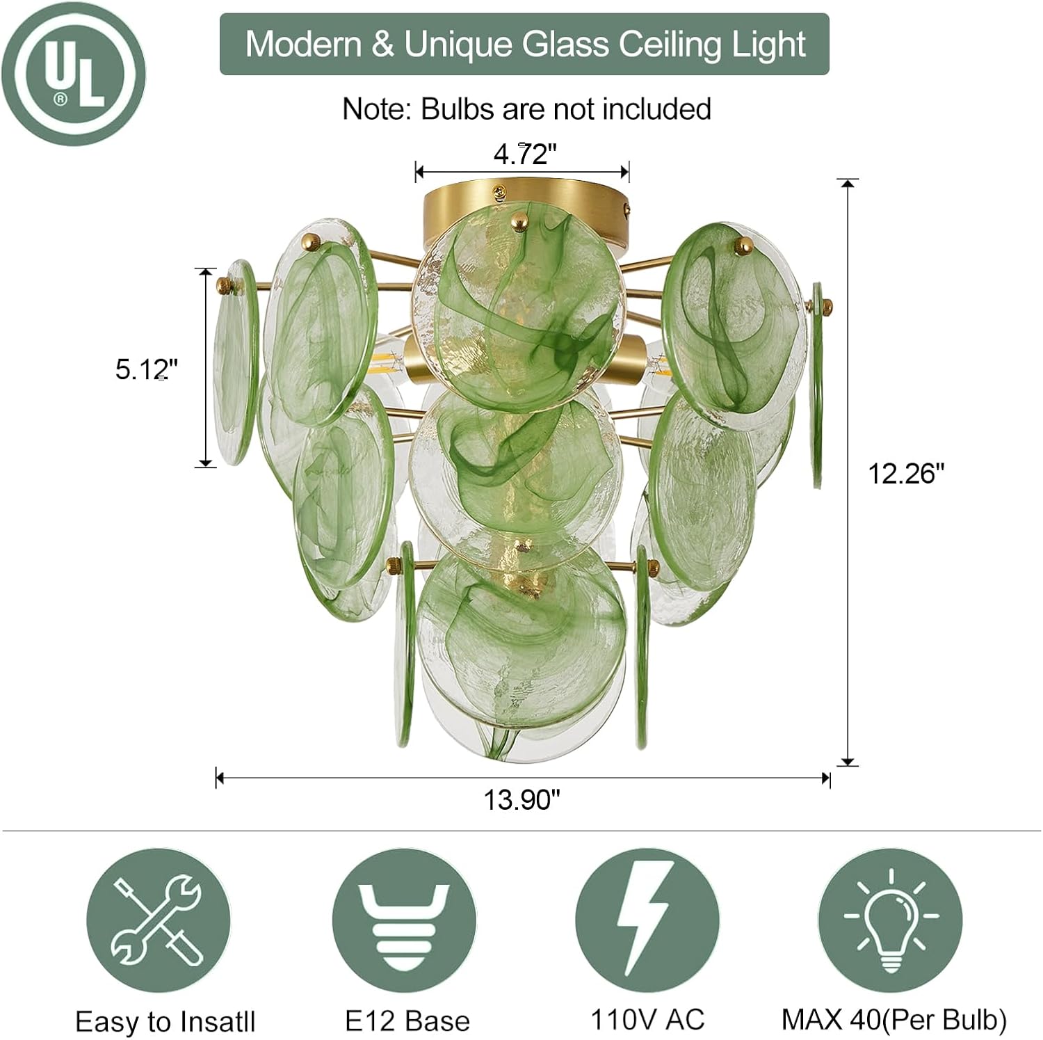 Modern Flush Mount Ceiling Light Gold Vintage Chandelier Ceiling Light Fixture with Green Glass Sheet Farmhouse Ceiling Lamp for Hallway Bedroom Entryway Kitchen