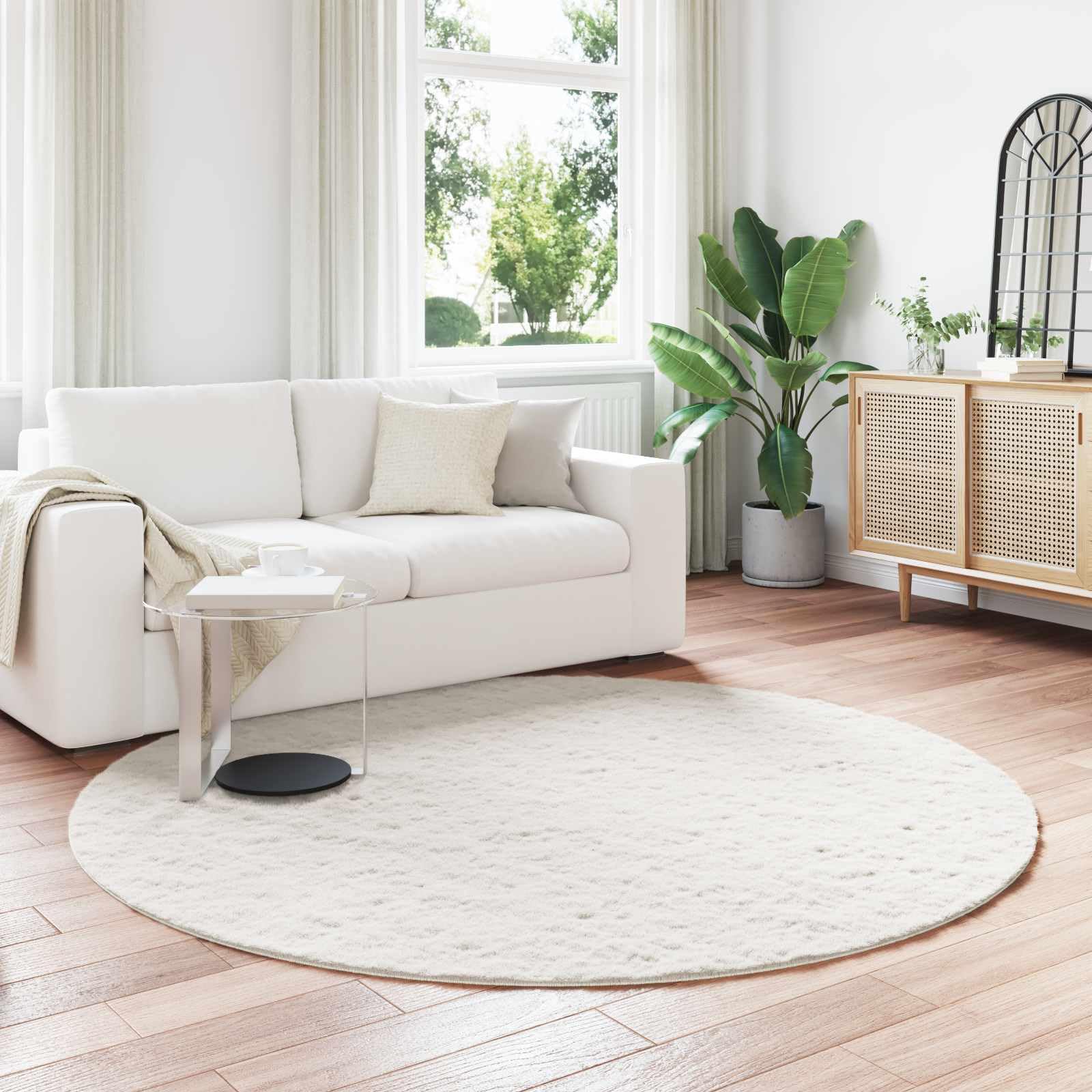 Kunstfell-Teppich rund 200x200 cm, Flauschiger Wohnzimmerteppich rutschfest, weicher Teppich in Creme für Schlafzimmer, kuschelige Heimtextilie mit Rutschfester Unterseite