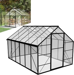 LZQ Gartengewächshaus Aluminium mit Fundament 380x250x205 cm Gewächshaus Pflanzenhaus mit Schiebetür und Dachfenster Treibhaus Gartenhaus Winterfest Aufzucht Tomatenhaus (8x12 ft)