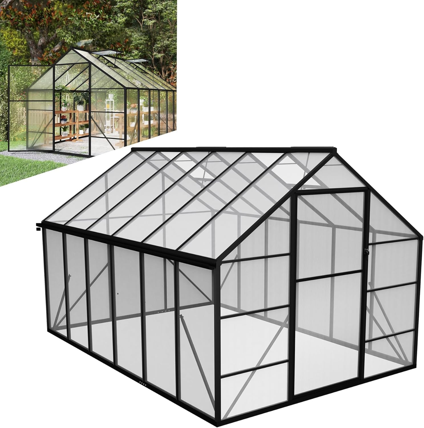 LZQ Aluminiowa szklarnia ogrodowa z fundamentem 380 x 250 x 205 cm, szklarnia, szklarnia z drzwiami przesuwnymi i świetlikami, szklarnia, szopa ogrodowa, odporna na zimę, szklarnia pomidorów (12 x 8