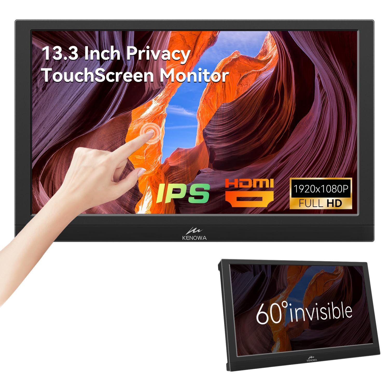 Kenowa 13,3 Zoll Tragbarer Monitor Touchscreen mit HDMI VGA Type-B Sichtschutz/Lautsprecher IPS Bildschirm FHD 1080P Touch Monitor für Computer Windows 7 11 OS Raspberry Pi,Laptop,Xbox,Mac