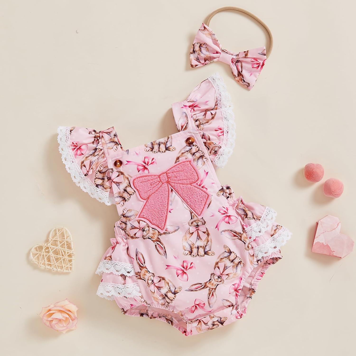 Infant Newborn Baby Girl Easter Outfit Sleeveless Rabbit Print Bow Embroidered Lace Ruffle Romper Summer Clothes - Image 7