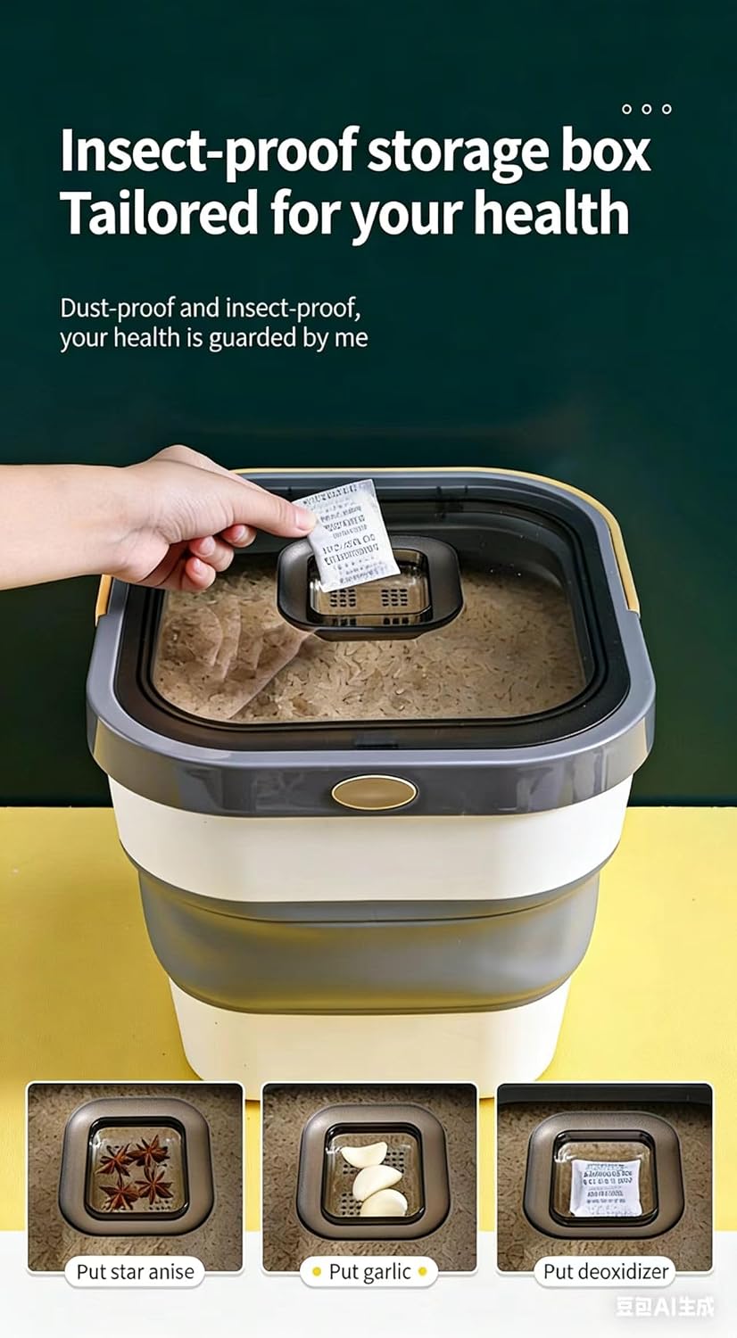 Collapsible Rice Storage Bucket with Lid, Sealed Moisture-Proof and Insect-Proof Container, PP+TPR+PET, Yellow-Gray