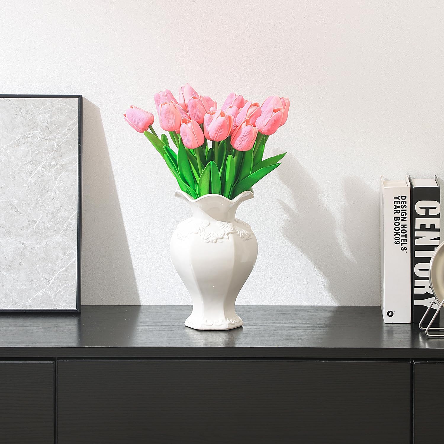 White Ceramic Vase, Decorative Vases for Modern Home Decor, Farmhouse Minimalist Decor, Boho Flower Vases for Living Room, Bedroom, Kitchen, Dining Table, Office, Wedding, 8.5 Inches