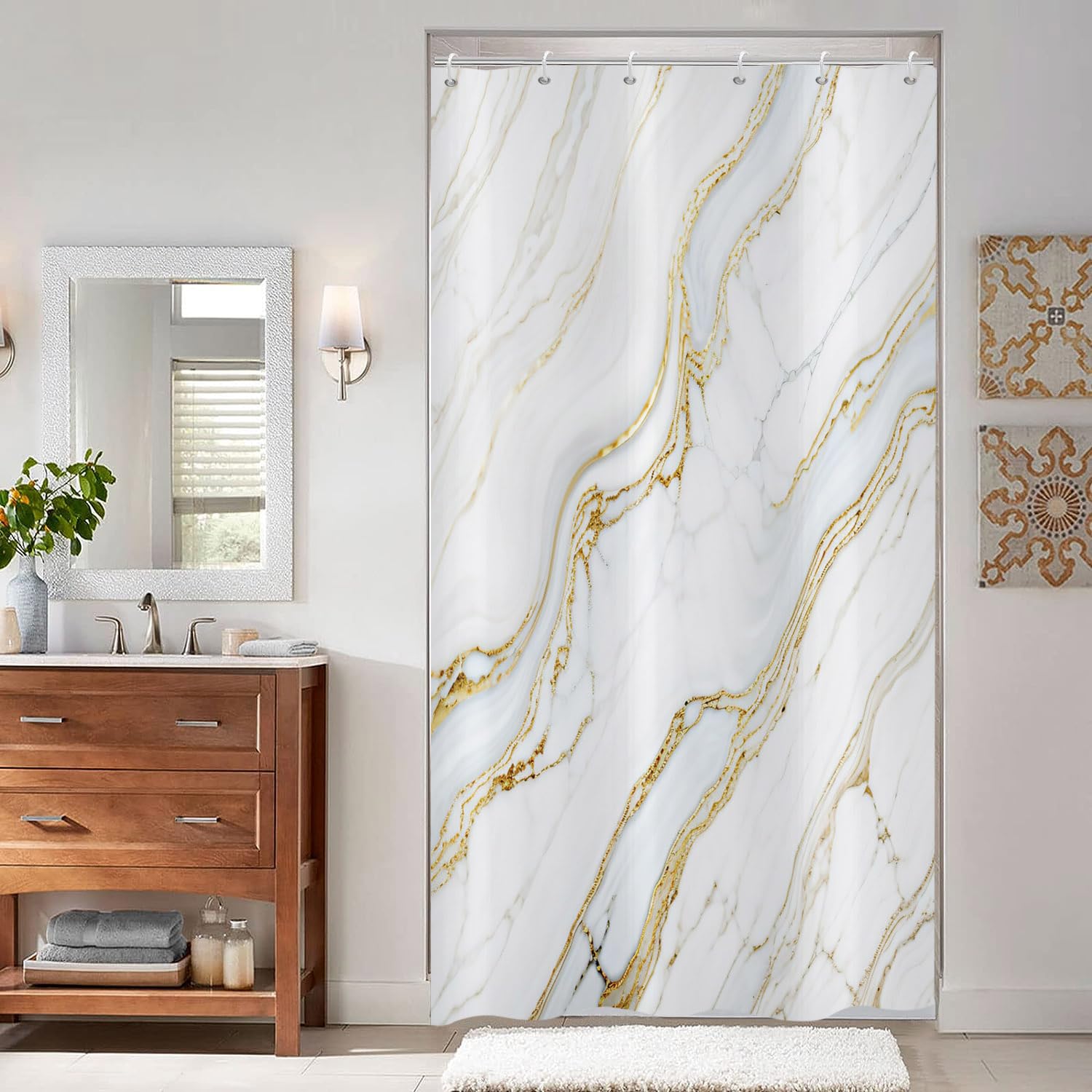 ASDCXZ Marble Shower Curtain 90x180 cm, Modern Abstract White Gold Marble Texture Bath Washable Narrow Shower Curtains with eyelets Polyester Textile Waterproof Shower Curtain for Bathtub with 6 Hook — image 1