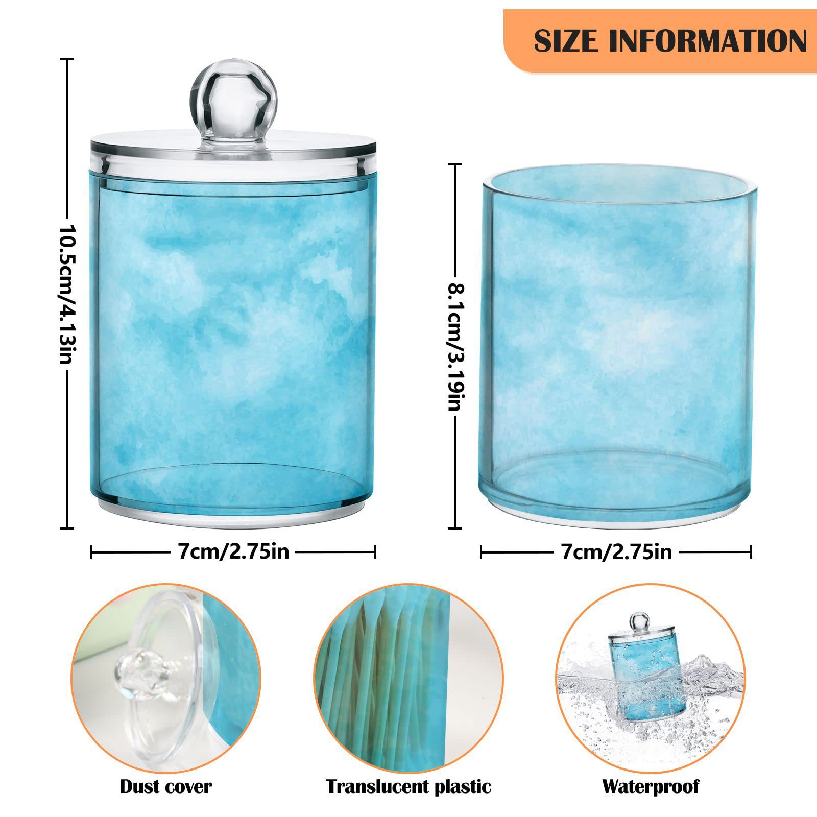 Watercolor Blue Qtip Dispenser Apothecary Jars Bathroom Qtip Holder Storage Canister Plastic Jar 10 Oz for Cotton Ball Swab Round Pads Floss 4pcs