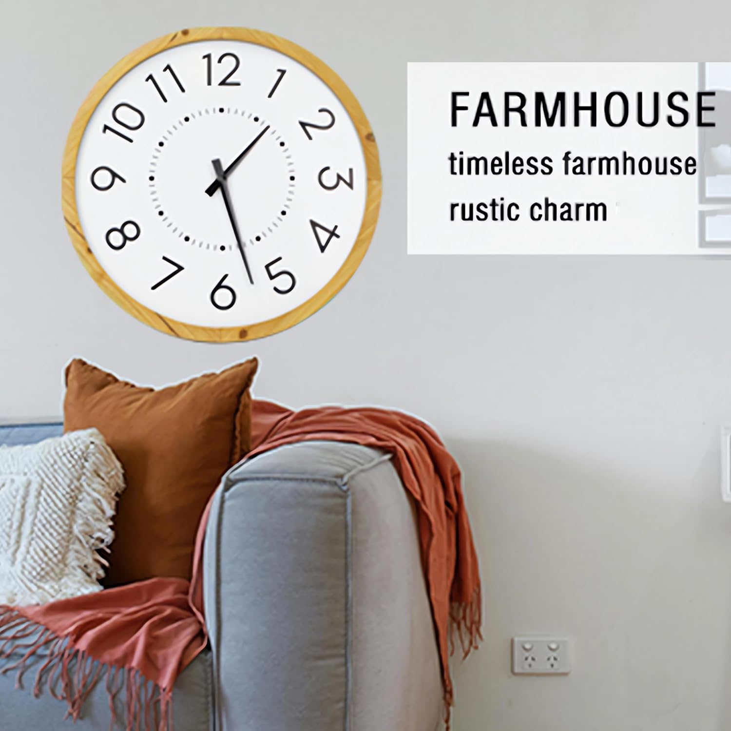 Farmhouse Silent 16" Wall Clock Battery Operate,Wooden Non Ticking Sweep Movement, Large Farmhouse Wall Clock for Kitchen, Bedroom, Home Office, Living Room Decor, Arabic Numerals