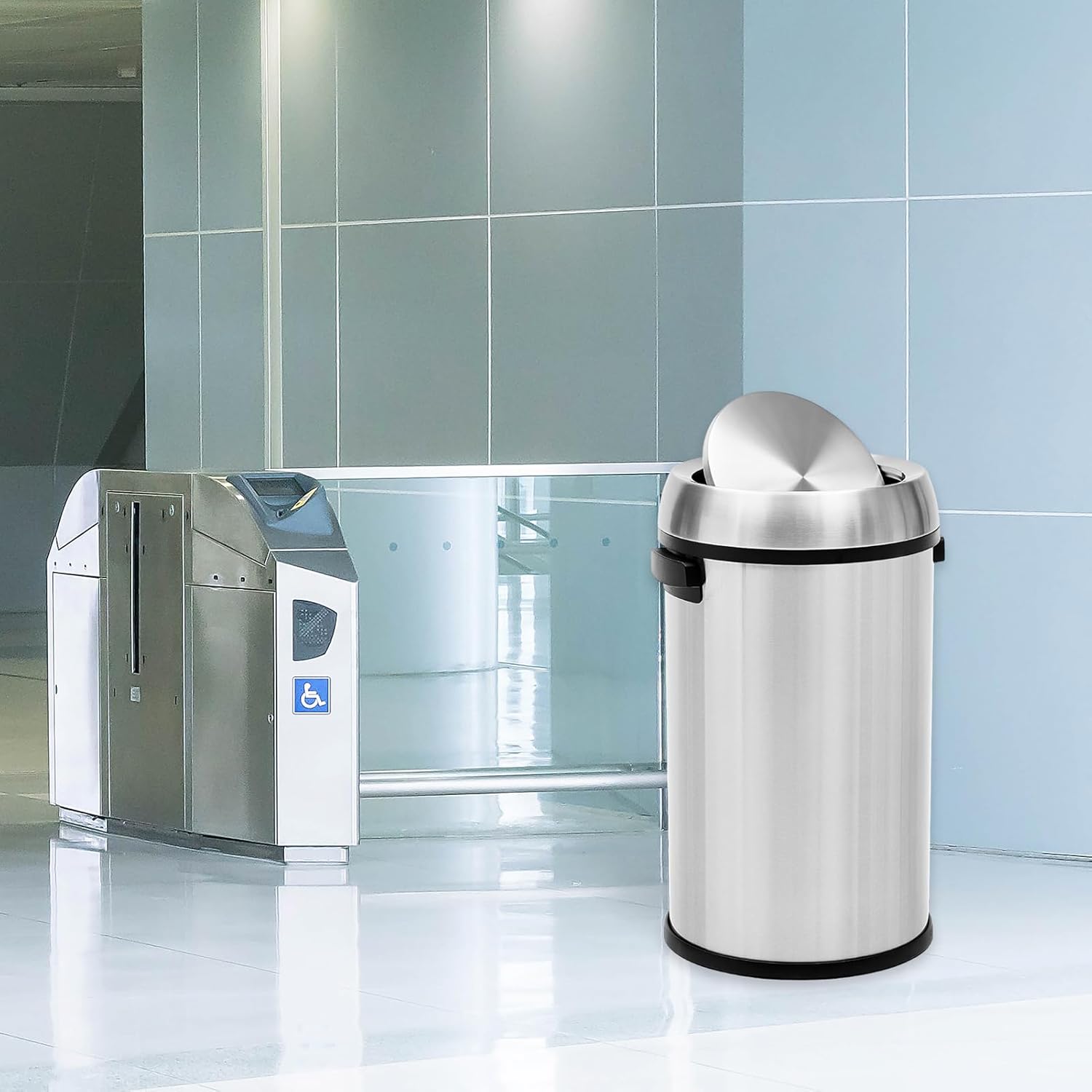 GarveeHome 17 gal/65 L Swing Top Trash Can, Stainless Steel Rubbish Bin, Commercial Grade Waste Container, Round Garbage Can for Outdoor, Home Office, Restaurant, Silver