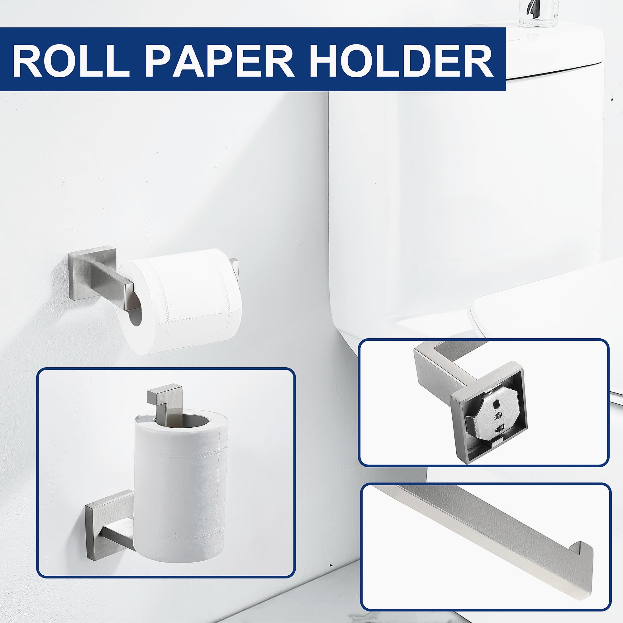 Juego de 5 accesorios de baño de níquel cepillado, juego de toalleros de baño de acero inoxidable SUS304, juego de toallero cuadrado resistente, montado en la pared