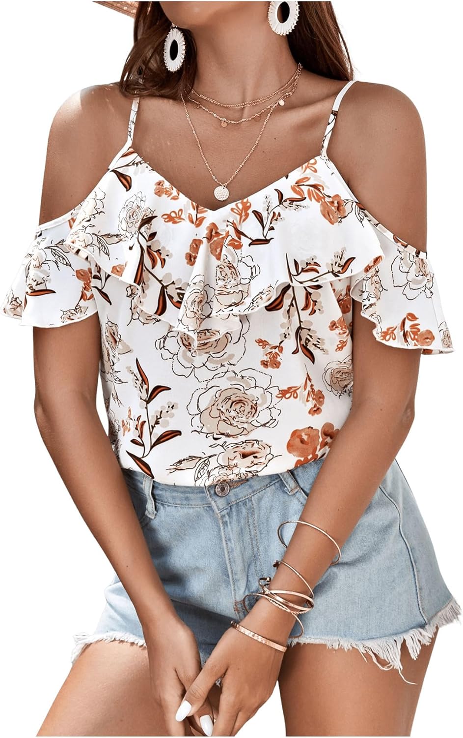 SweatyRocks Women's Ruffle Floral Cold Shoulder Blouses Boho V Neck Short Sleeve Tops Going Out Tops