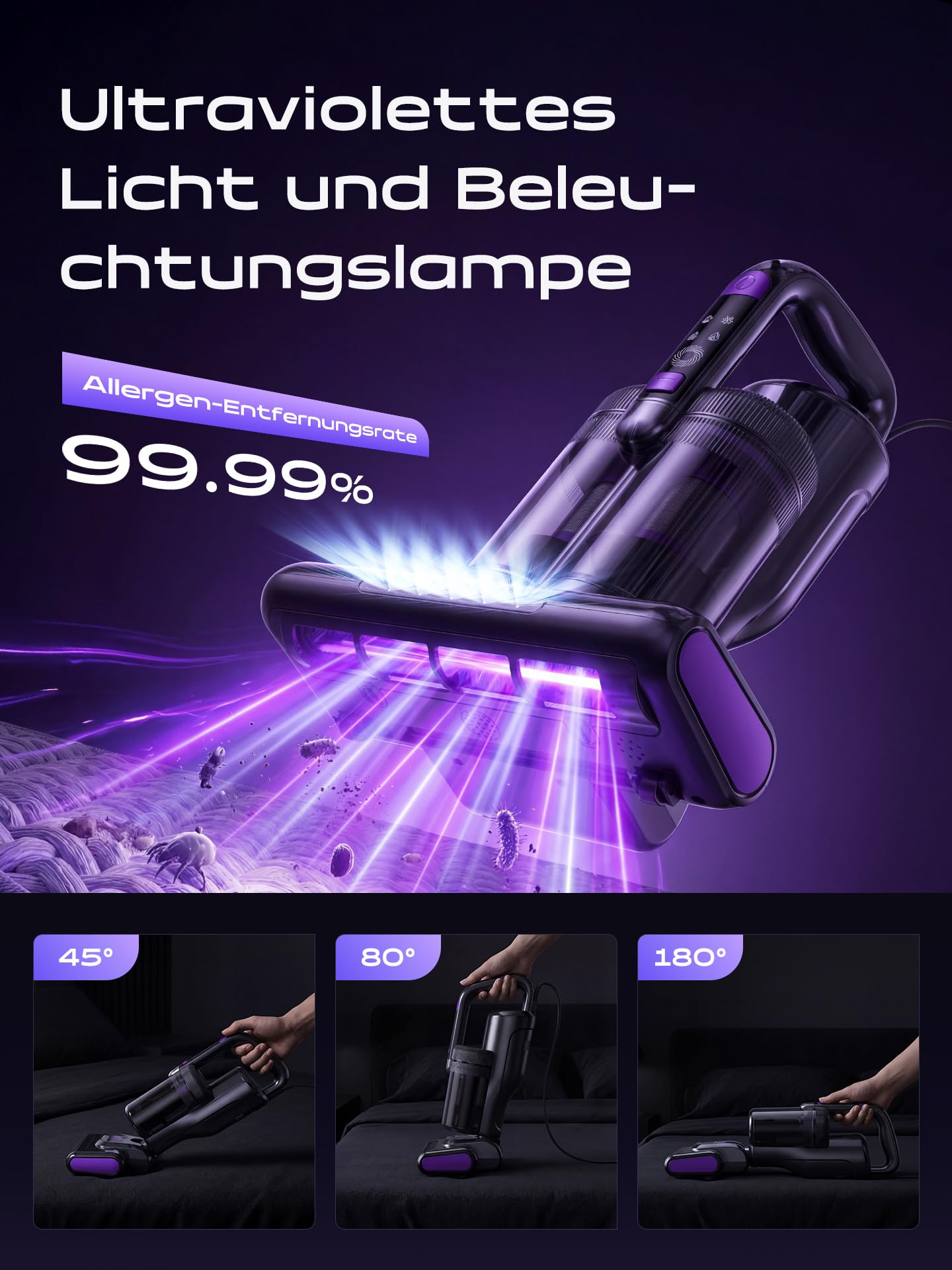 Milbensauger für Matratzen, Milbensauger mit UV-Licht & Heißluft, Matratzenreiniger mit HEPA Filter, Bürstenwalzenklopfen & Ultraschall Funktion, Für Matratzen/Sofas/Teppiche